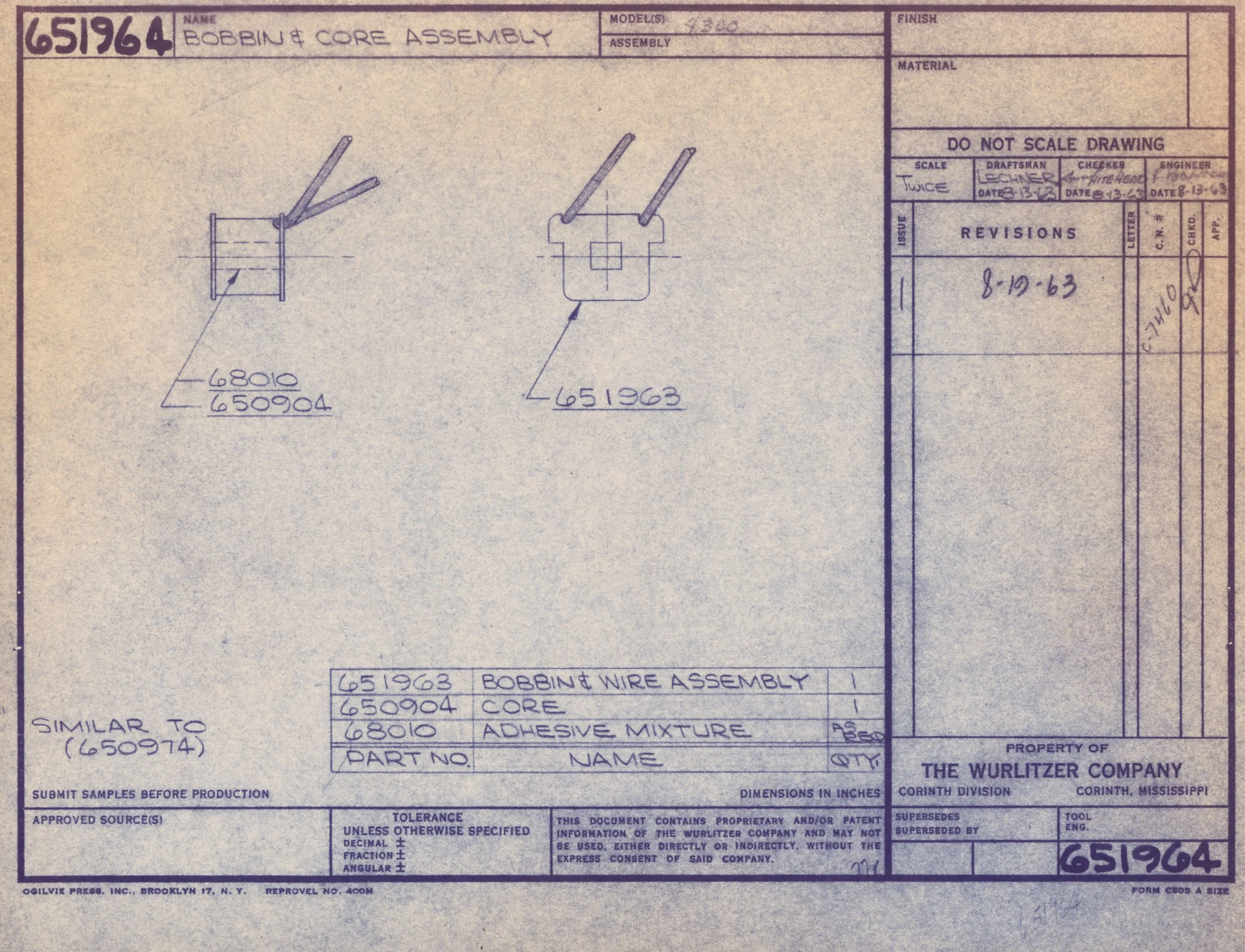 Technical blueprint of wire and core assembly with handwritten labels and notes.