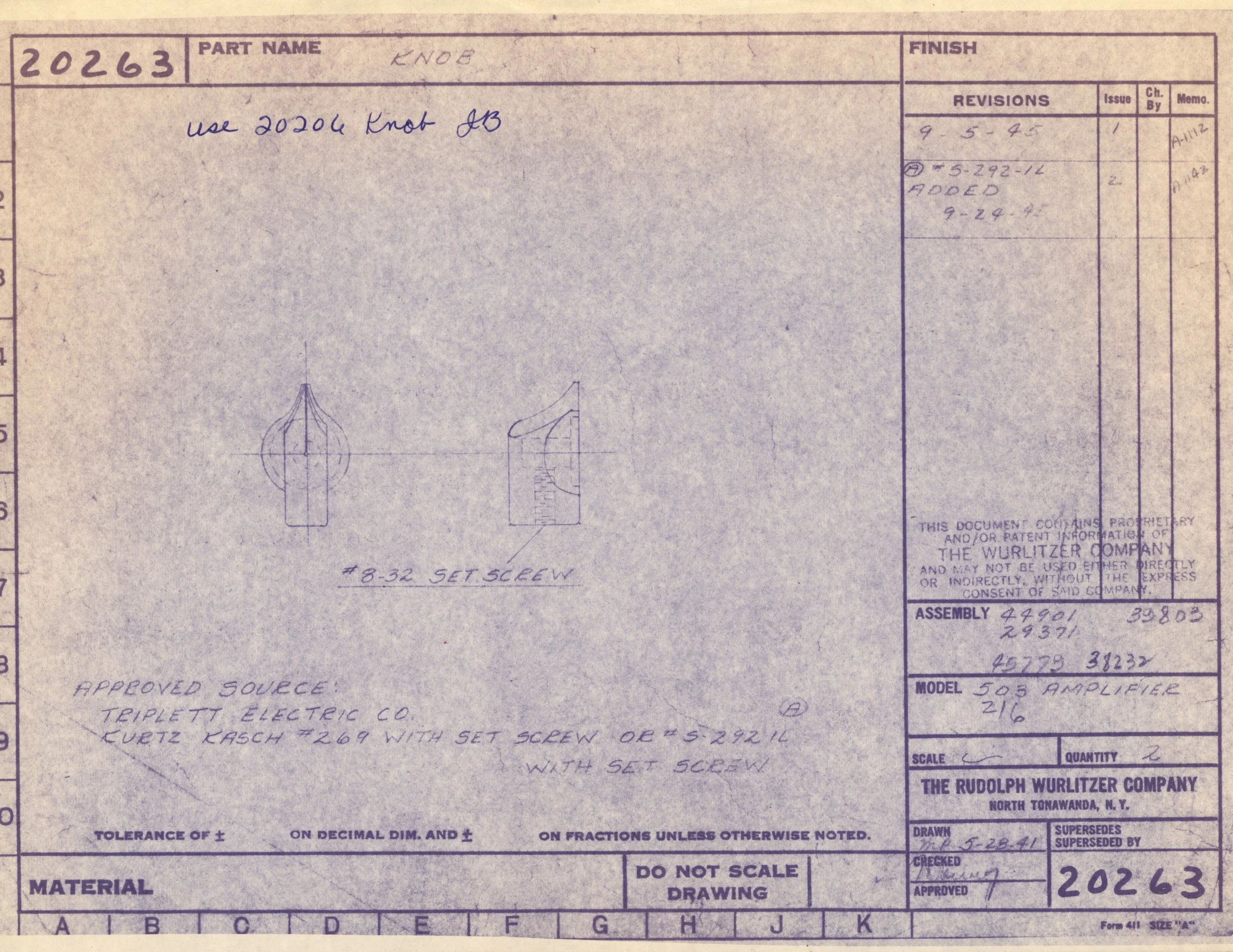 Technical drawing blueprint for a knob with handwritten notes and specifications from Rudolph Wurlitzer Company.