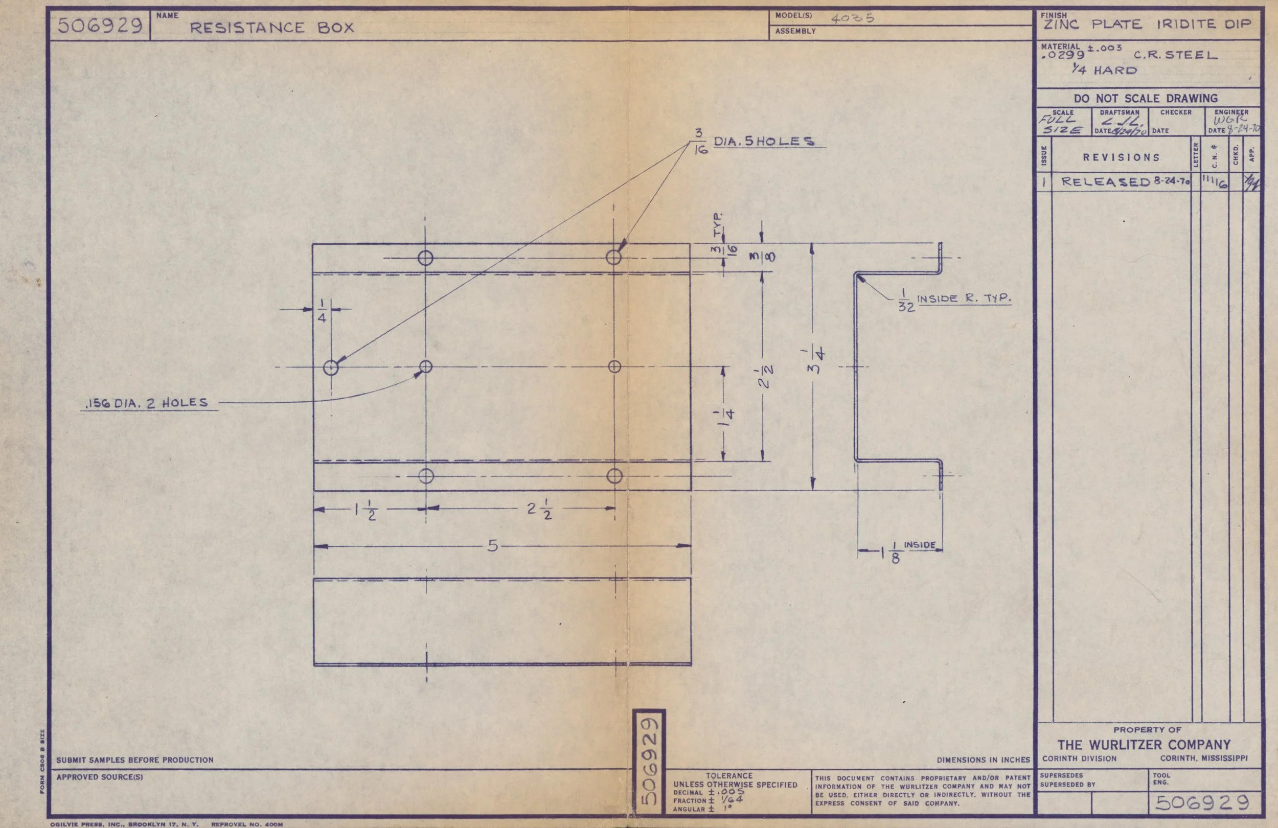 Engineering blueprint of a resistance box with detailed dimensions and technical specifications.