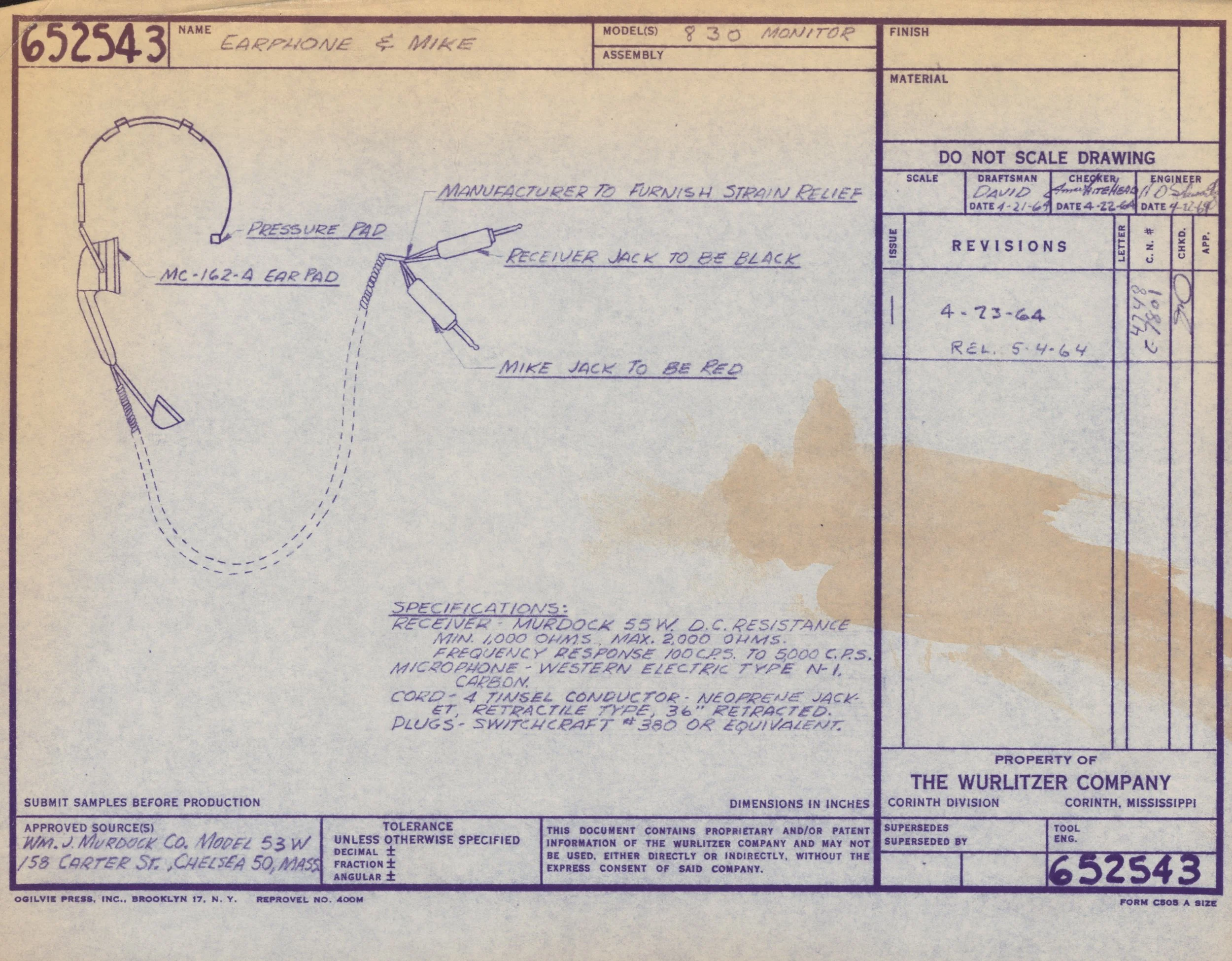 Technical drawing or blueprint of an electronic device labeled as 'Earphone & Mic', including detailed notes and specifications for components like pressure pad, receiver jack, mike jack, and wiring.
