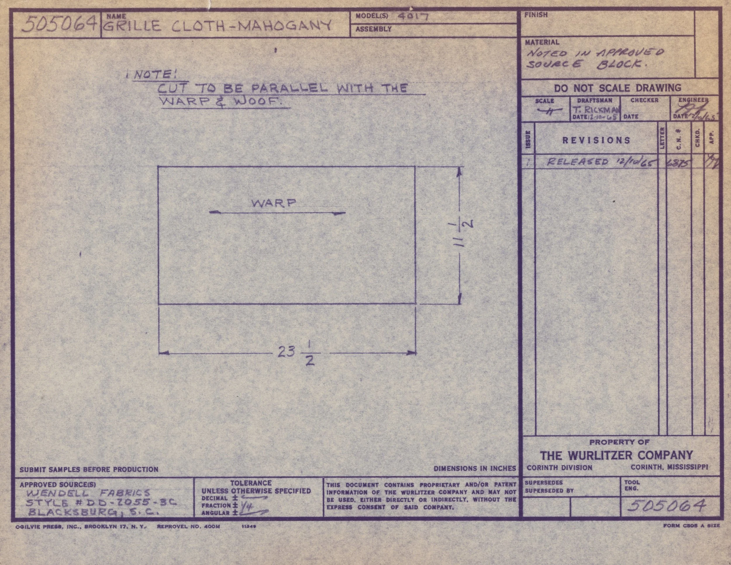 Blueprint for a Mahogany grille cloth with measurements. Handwritten notes indicate the material is approved and to be cut parallel to the warp and woof.