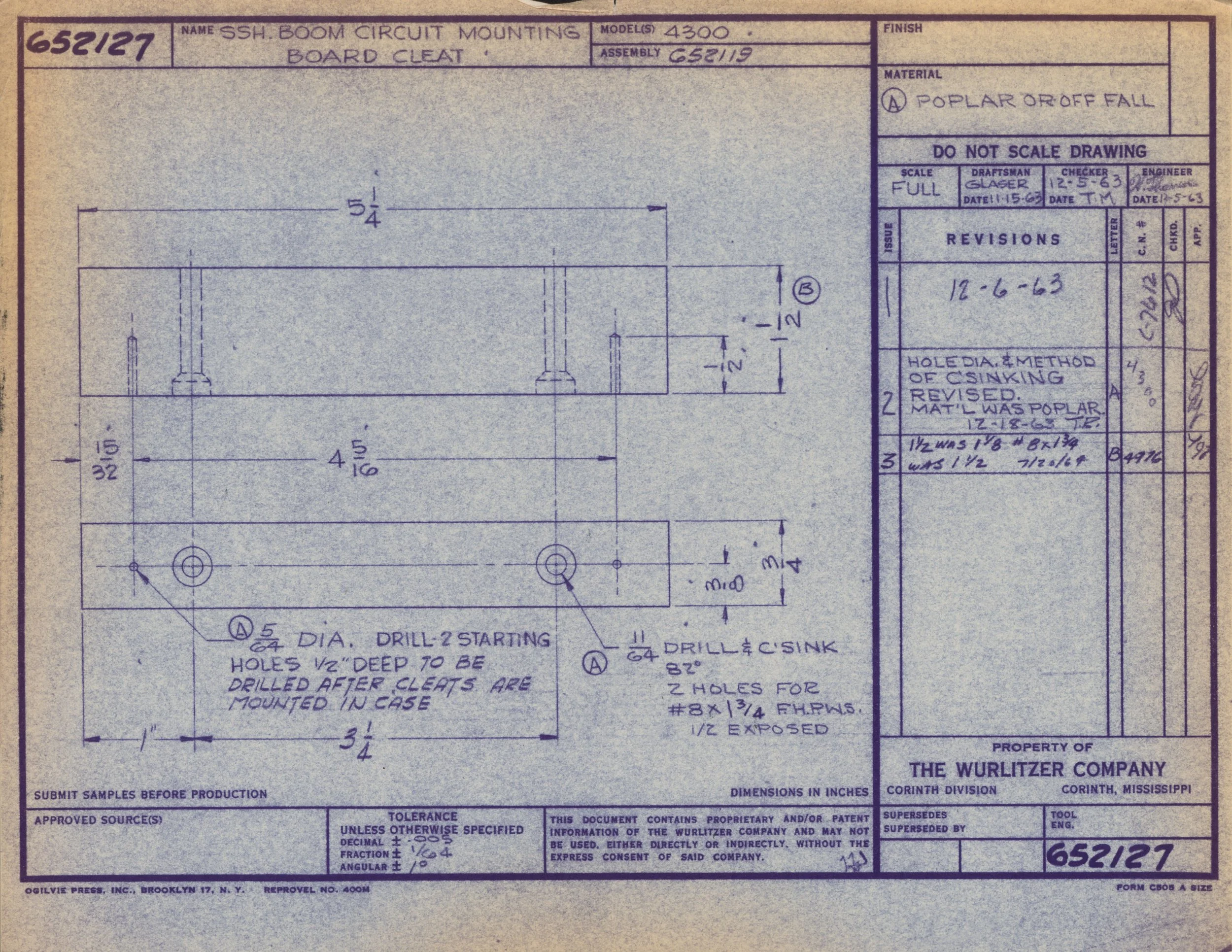 Technical blueprint drawing of a boom circuit mounting board, featuring measurements, annotations, and specifications.