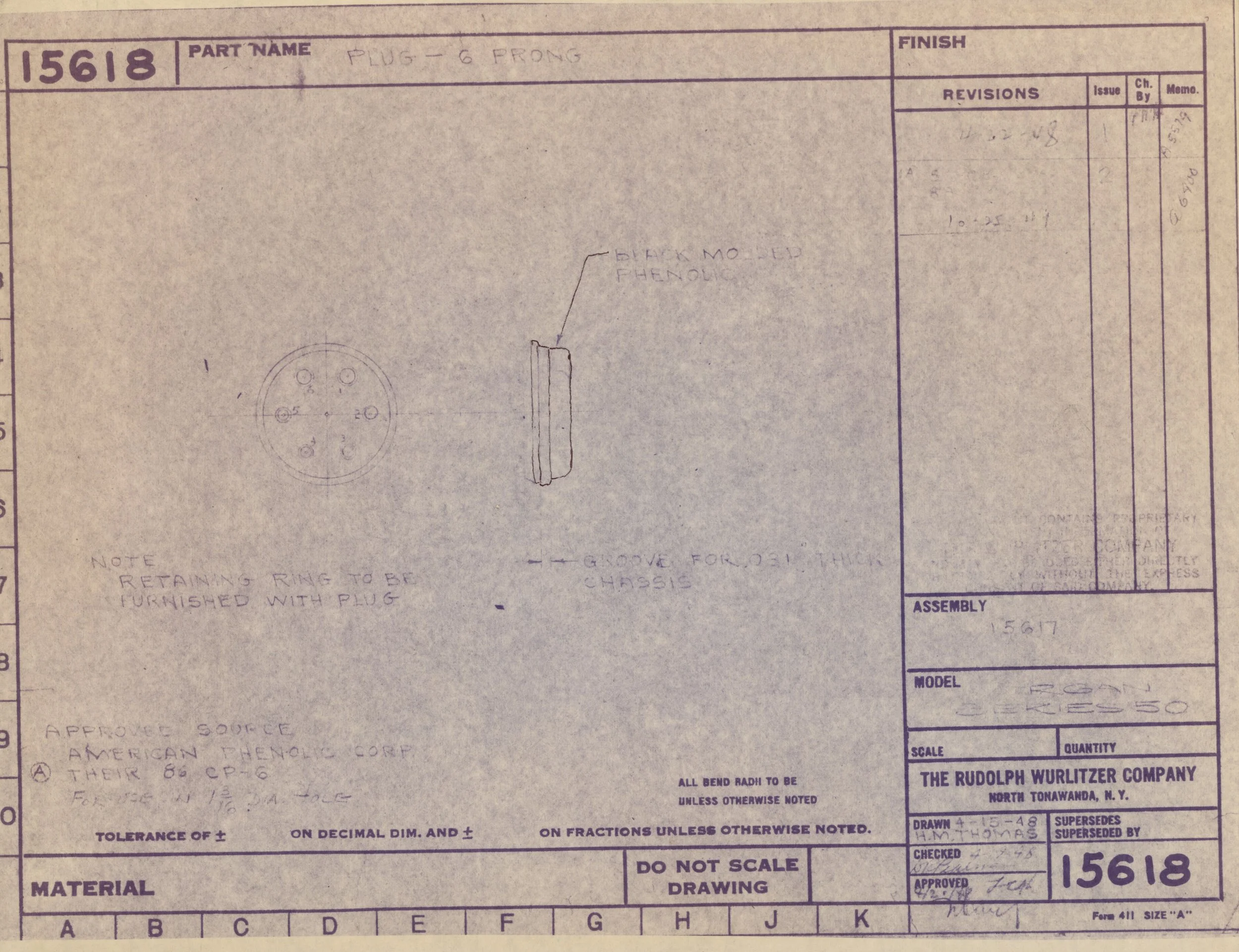 Technical drawing of a six-prong electrical plug, with annotations and specifications, titled 'Part Name: Plug - 6 Prong' and includes handwritten notes and diagrams.