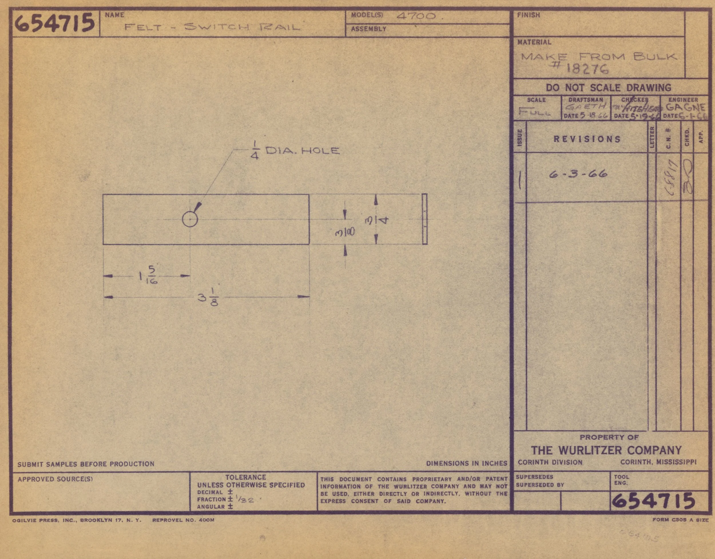 Technical engineering drawing for a felt switch rail, showing dimensions, a ¼ inch diameter hole, and various annotations with dates and approvals from 1966.