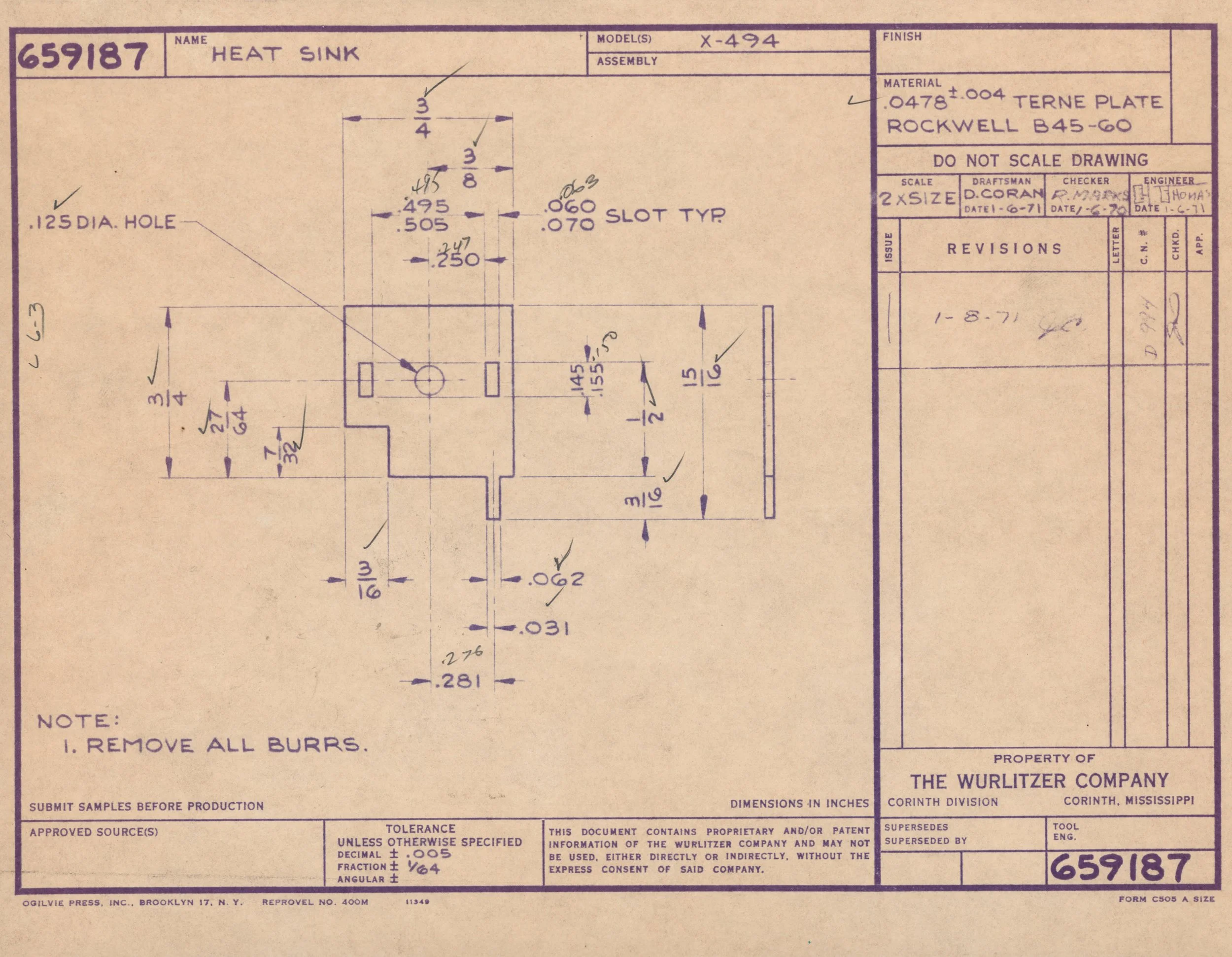 Technical drawing of a heat sink made of Terne plate rockwell B45-60, with detailed measurements and notes about holes and dimensions.