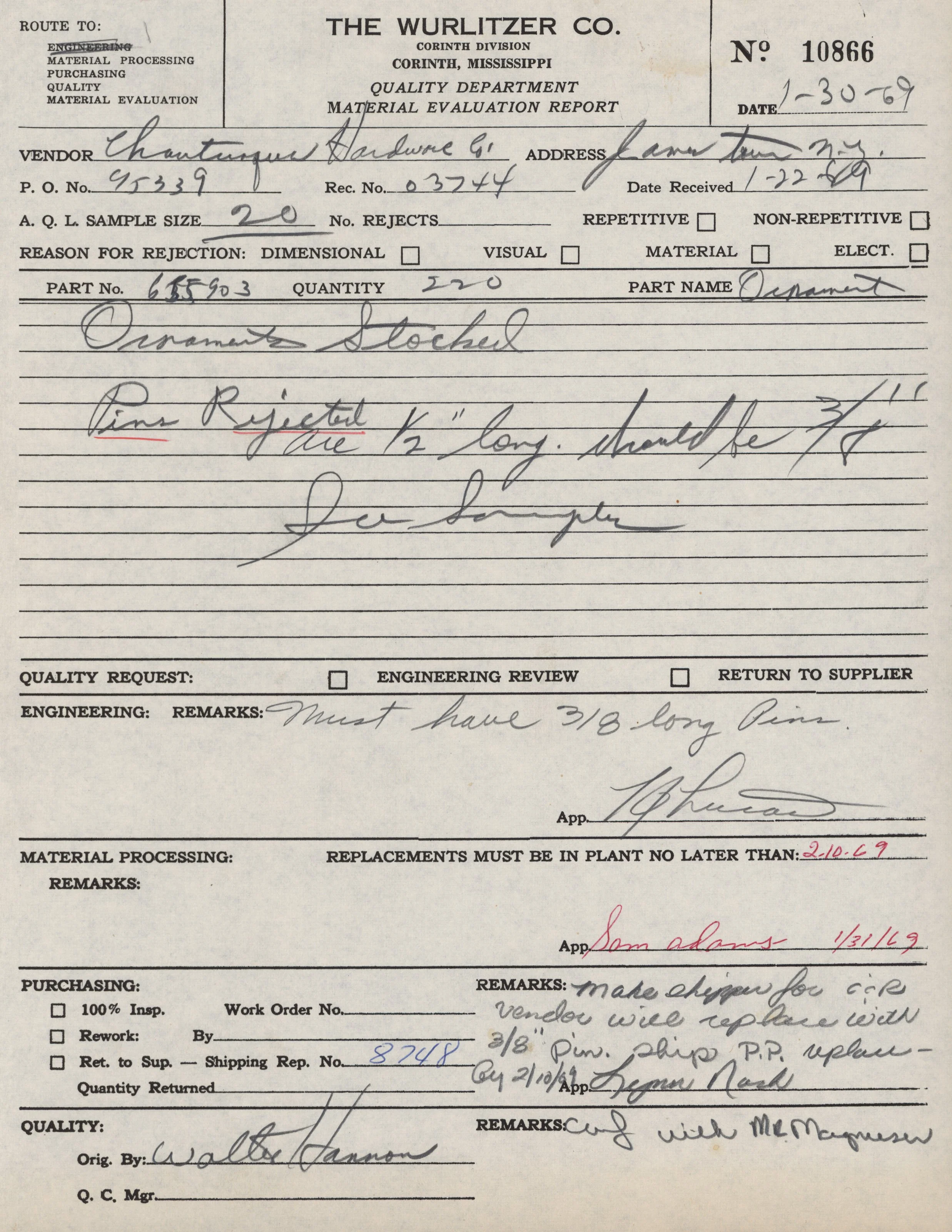 Close-up of a vintage handwritten and typed material evaluation report document from The Wurlitzer Co., dated January 30, 1969, with handwritten notes and signatures.