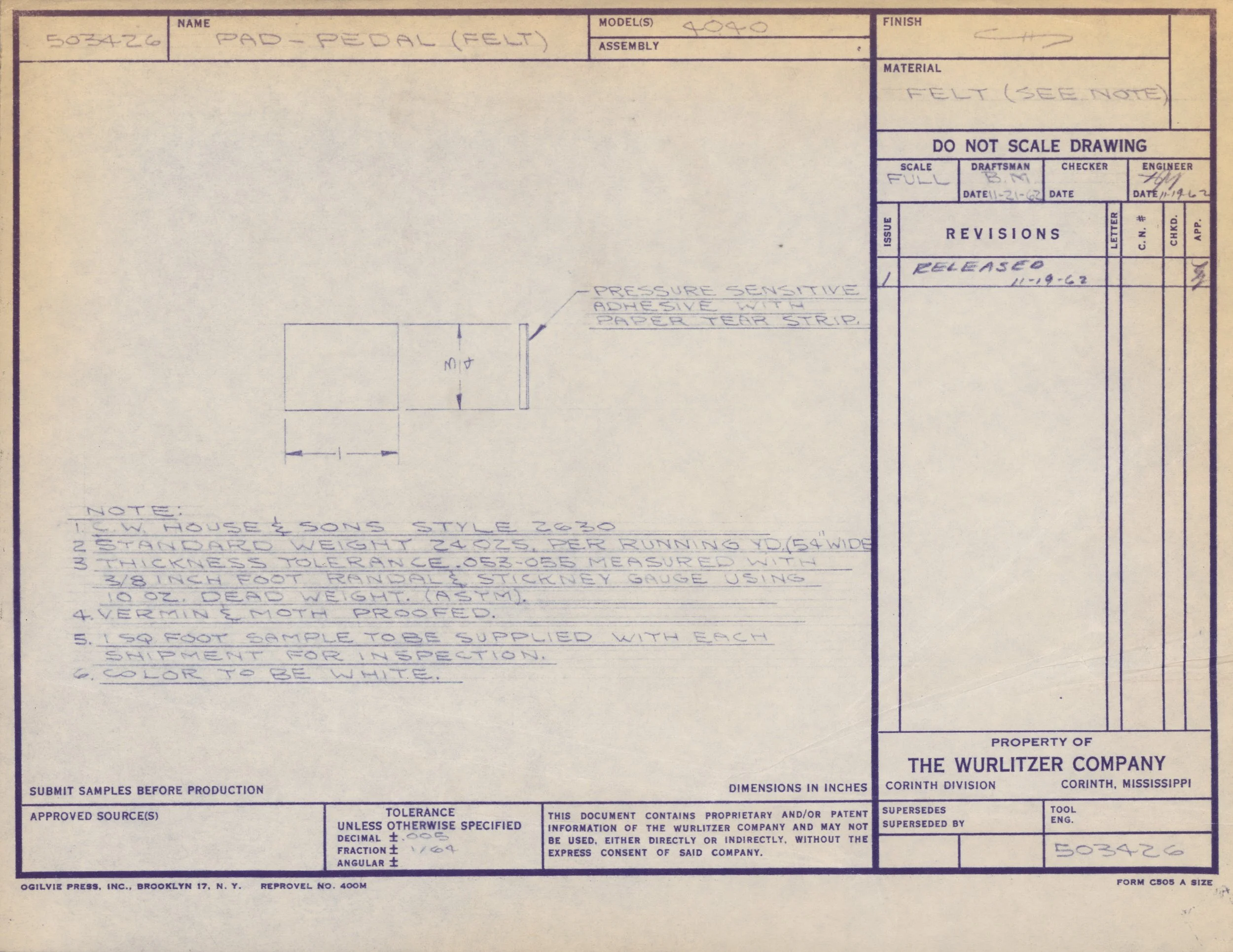 Technical drawing or schematic for a felt pad pedal, part of a mechanical assembly. Contains handwritten notes, measurements, and specifications related to manufacturing, with sections for revision, approval, and notes on materials and dimensions.