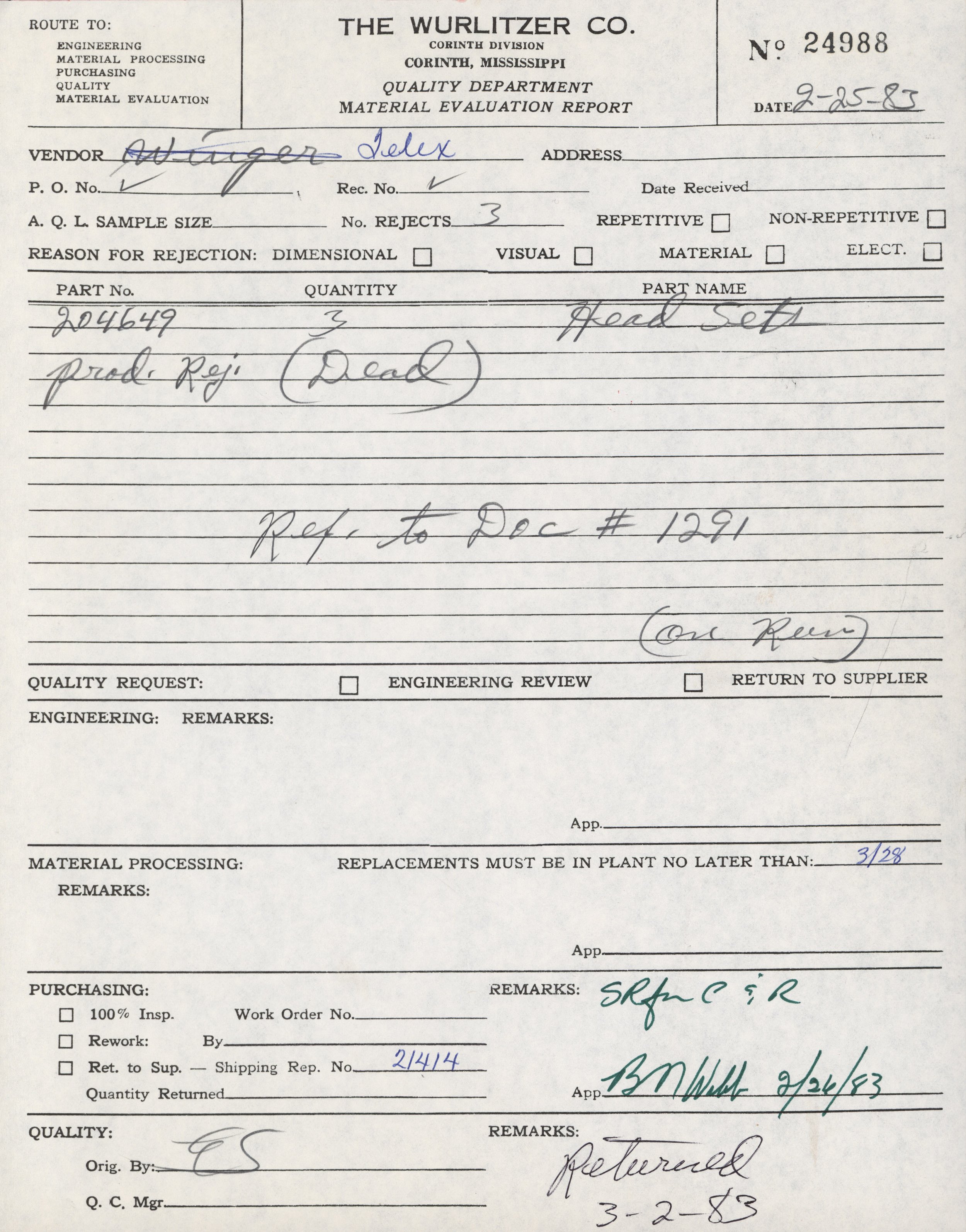 A scanned form titled 'Material Evaluation Report' from The Wurlitzer Co., Corinth Division, dated September 25, 1983. It contains handwritten notes, part numbers, quantities, and remarks related to a head set and other manufacturing details.