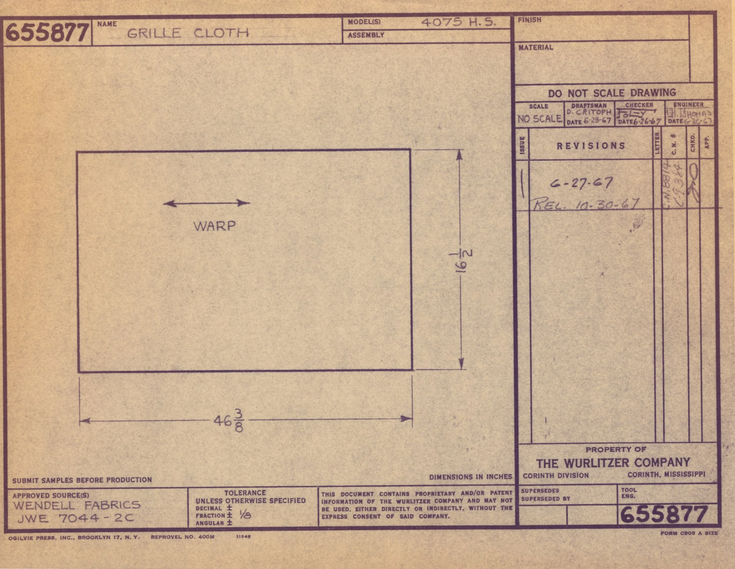 A technical drawing or blueprint of a piece of fabric or textile labeled 'Grille Cloth' with specifications, measurements, and signatures from various personnel, including revisions and approval stamps.