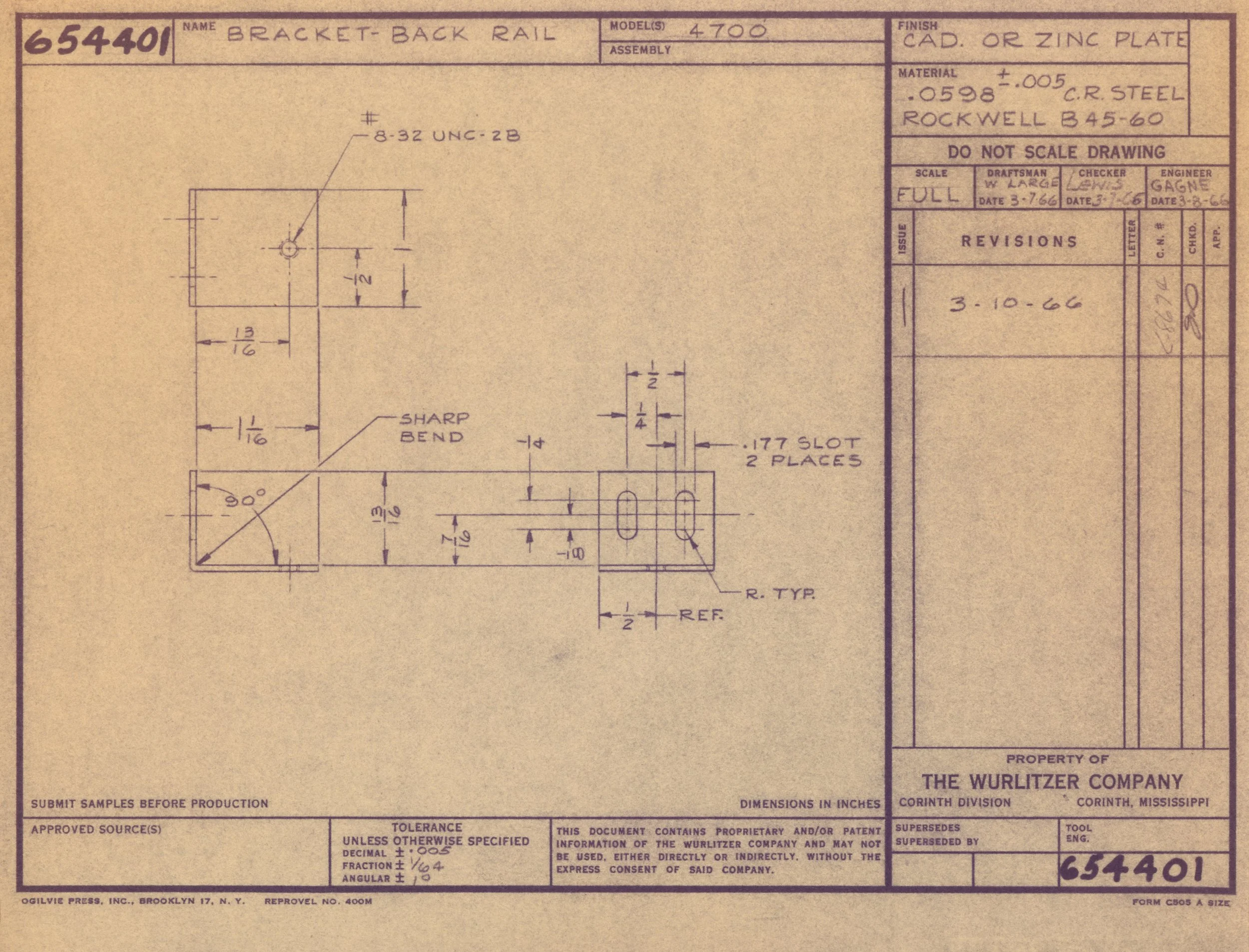 Technical blueprint or engineering drawing of a bracket-back rail, including dimensions, specifications, revisions, and approval information, created by the Wurlitzer Company in Corinth, Mississippi.