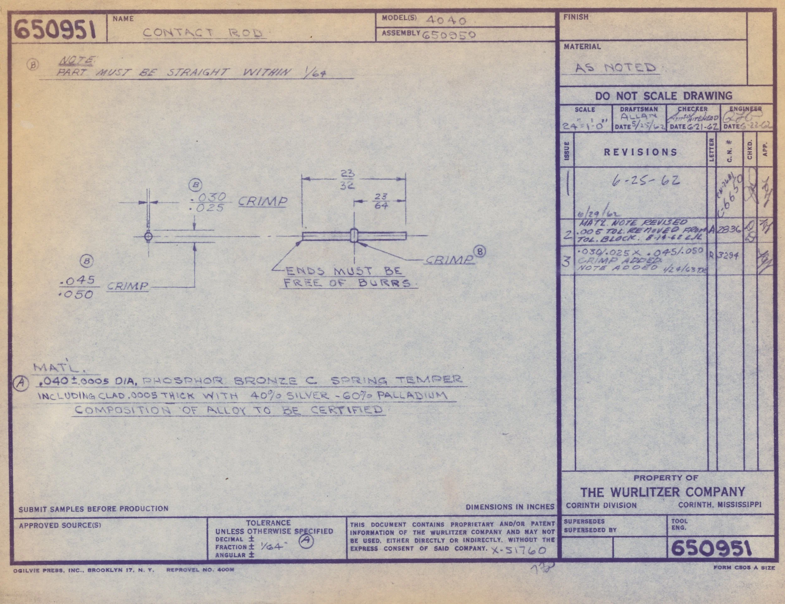 Technical engineering blueprint or detailed drawing for a contact rod, showing measurements and specifications, with handwritten notes and revision dates.