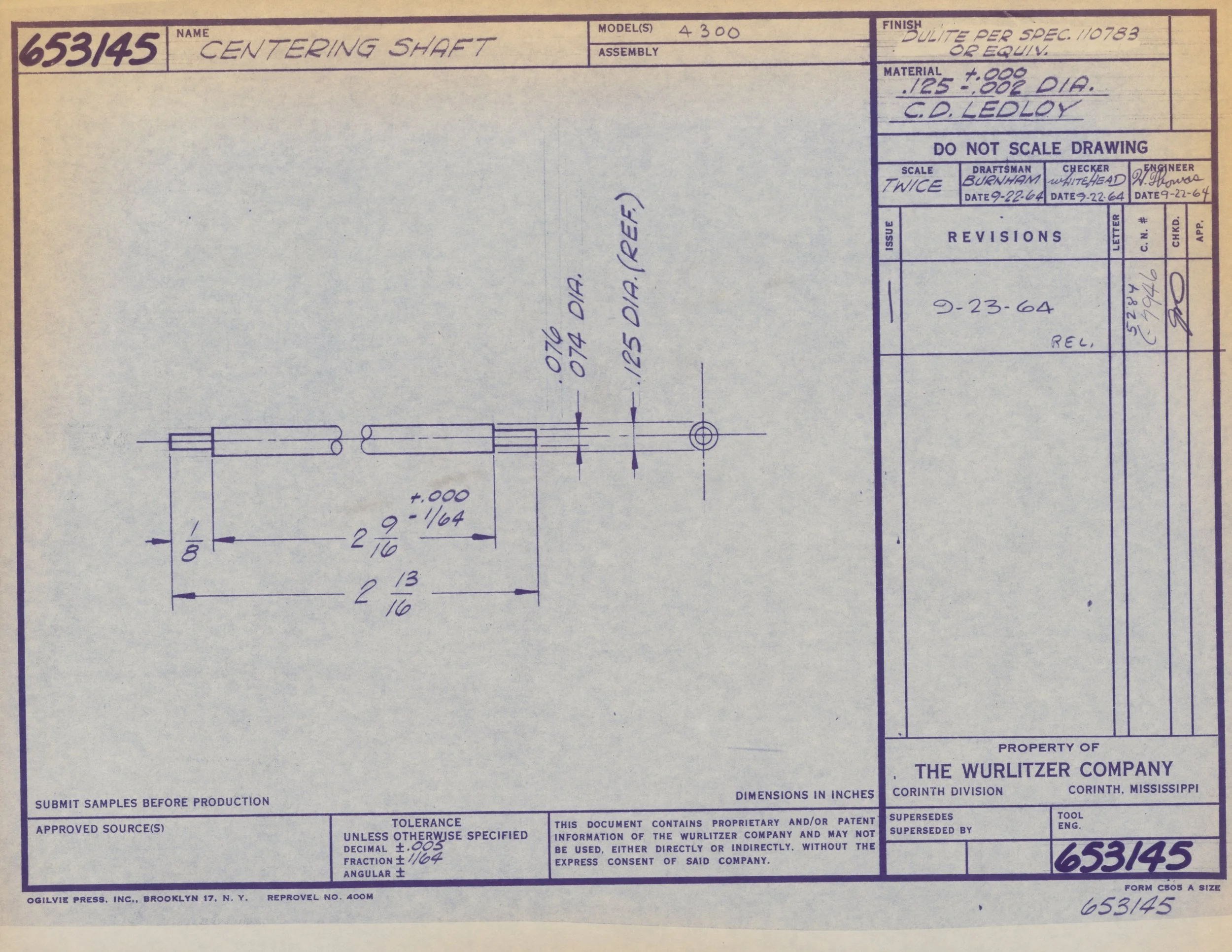 Blueprint for a centering shaft with dimensions and technical specifications, created by The Wurlitzer Company in Corinth, Mississippi.