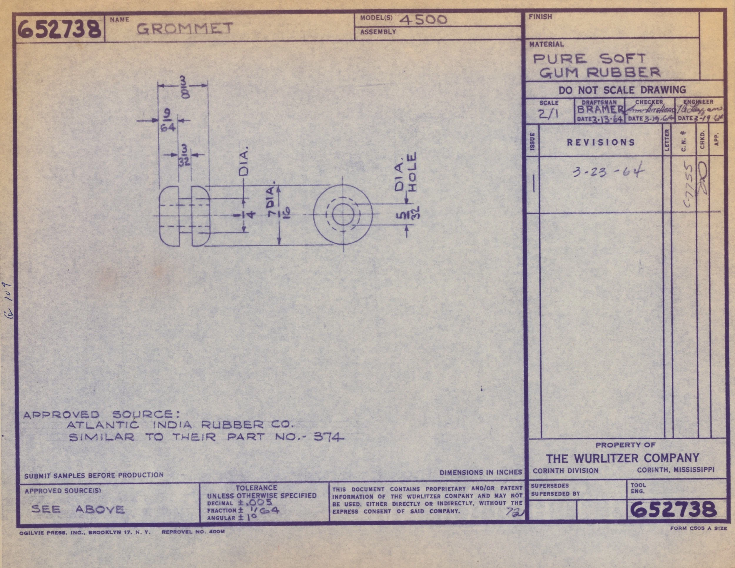 Blueprint design for a grommet made from pure soft gum rubber, showing detailed measurements and technical specifications.