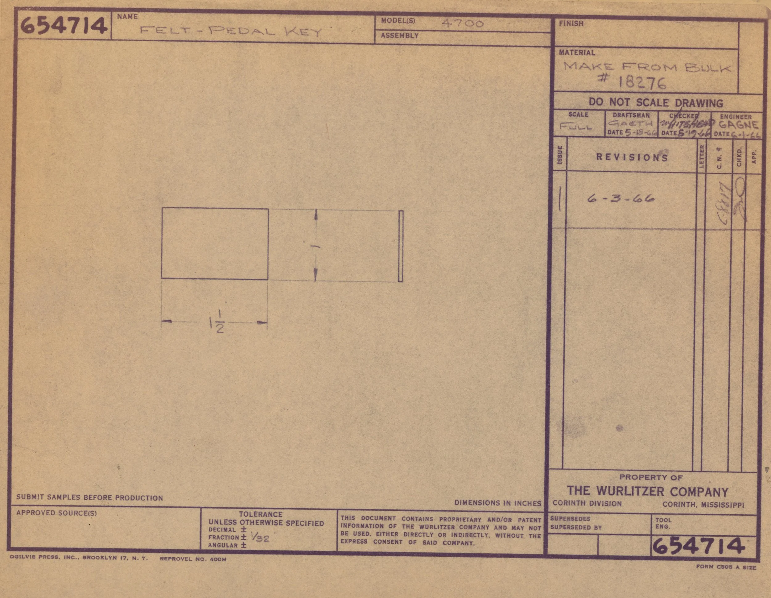 Light brown technical drawing diagram for a felt pedal key, with handwritten notes and measurements.