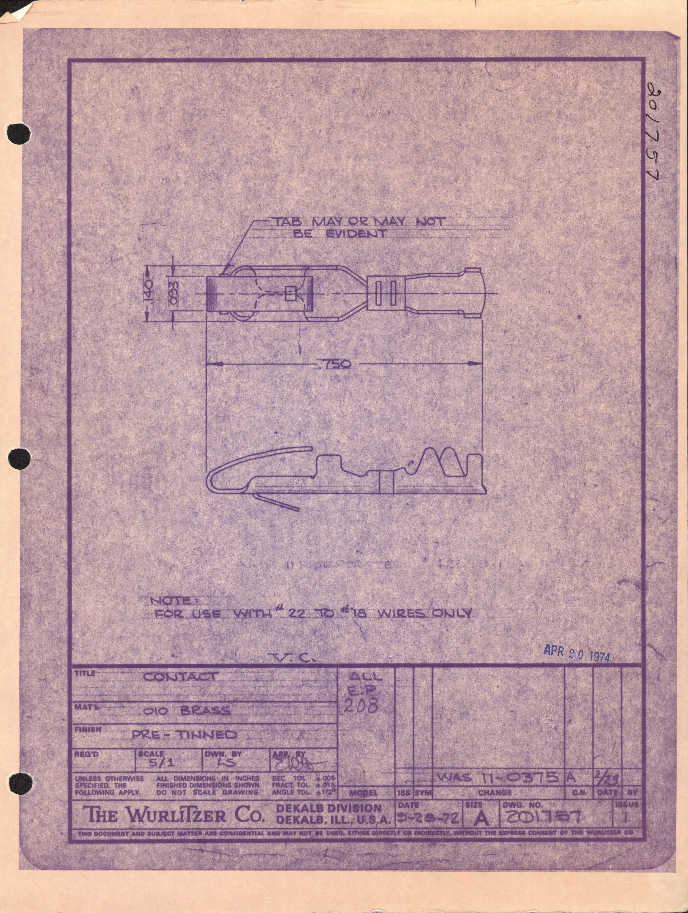 Technical drawing of a metal part with dimensions and notes, printed on purple blueprint paper from 1974.