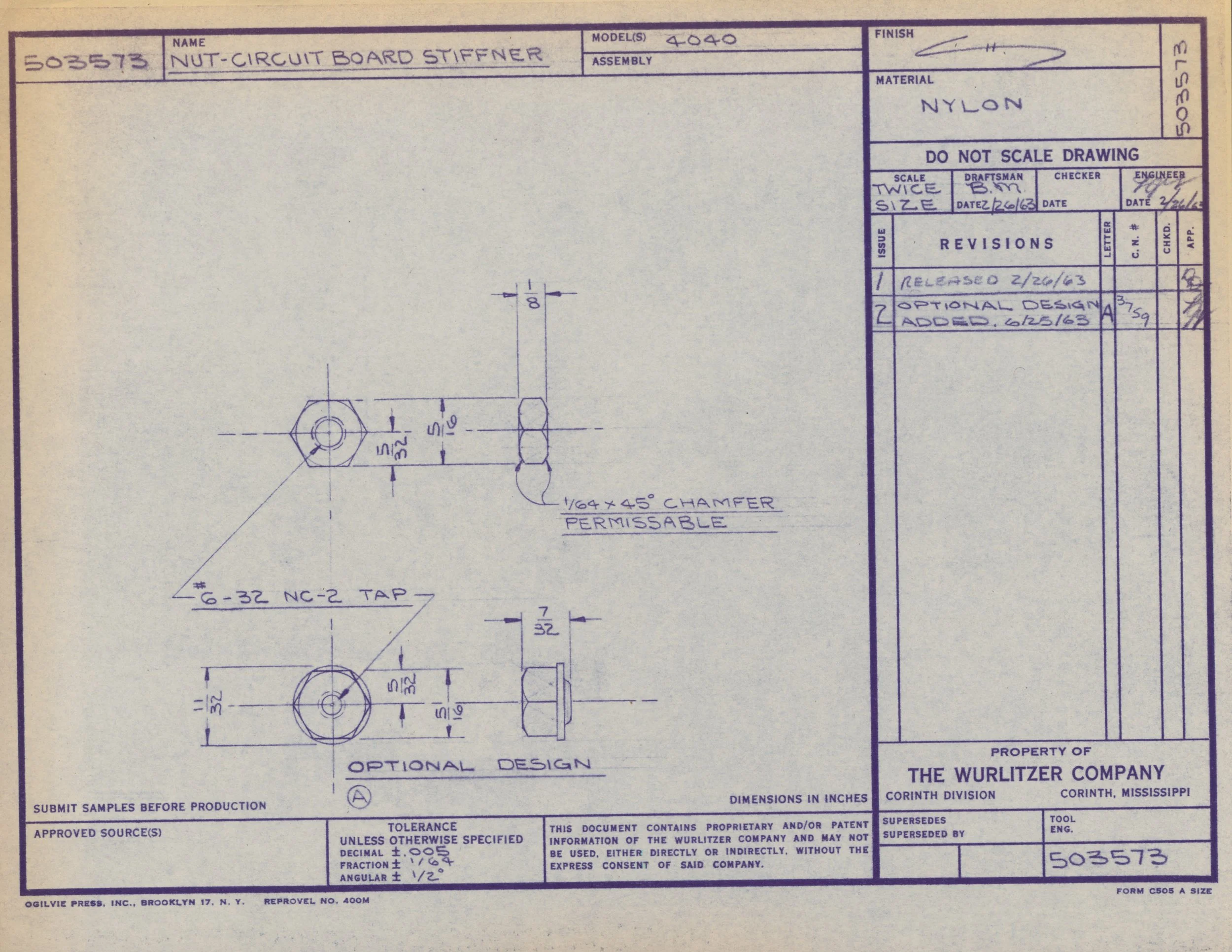 Technical drawing plan for a nut-circuit board stiffener, including measurements, notes, and details, created by The Wurlitzer Company in Corinth, Mississippi.