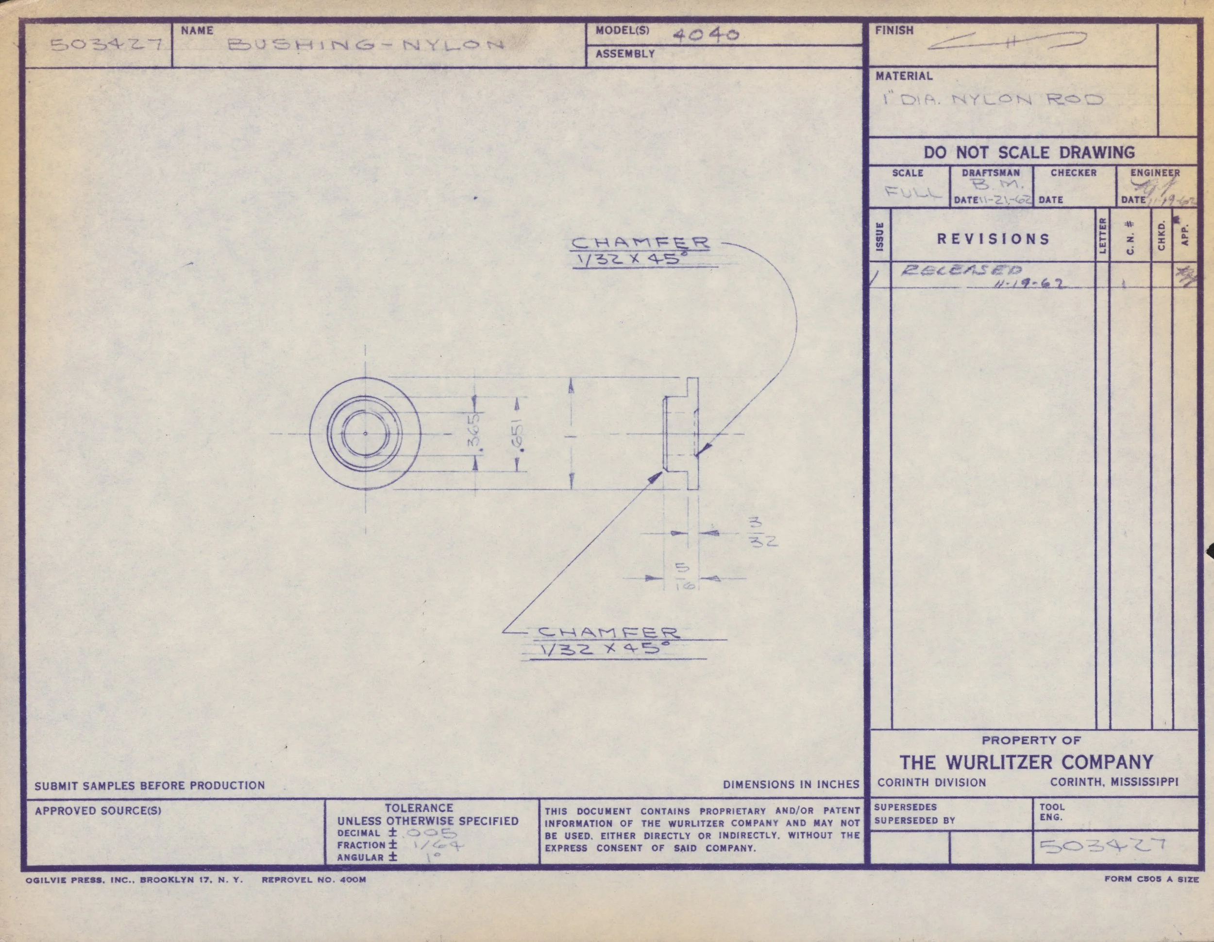 A technical drawing or blueprint for a nylon bushing, showing dimensions and details of the part with handwritten notes and labels.