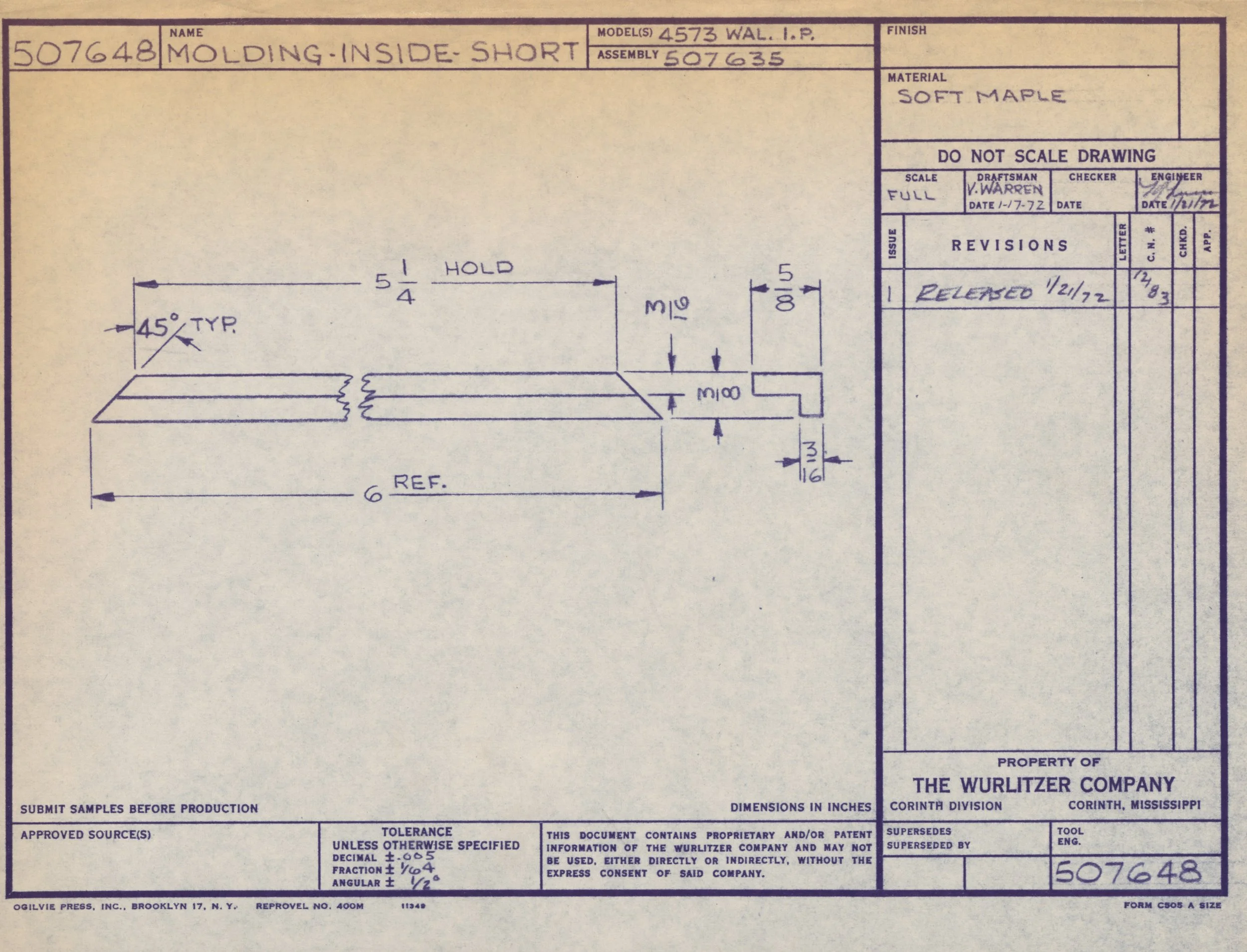 Technical blueprint of an inside short molding, showing detailed measurements and specifications for manufacturing, with annotations indicating dimensions, angles, and material used, produced by The Wurlitzer Company.
