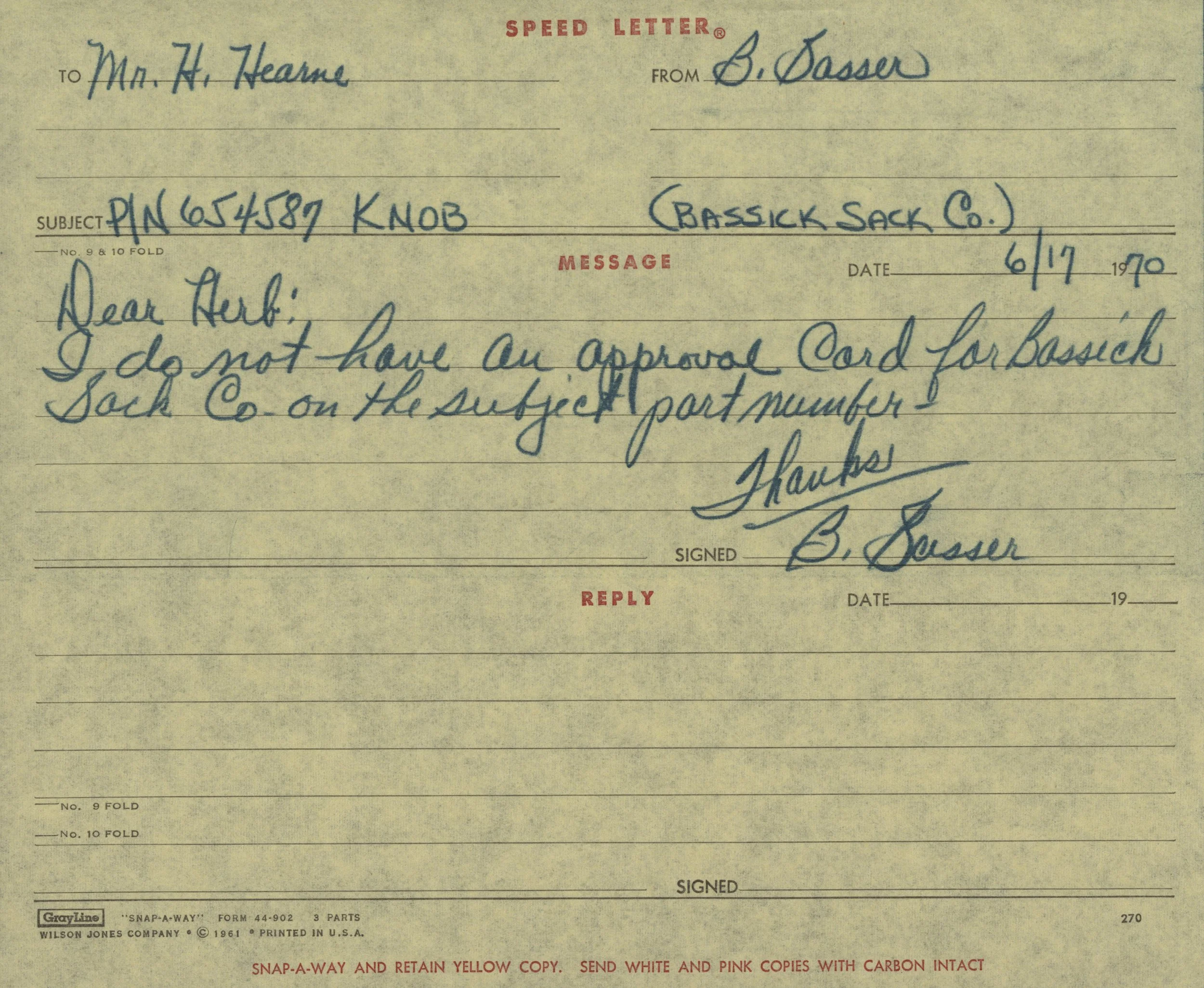 A vintage handwritten communication on a Speed Letter form dated June 17, 1970, from B. Dasser to Mr. H. Hearne, regarding a PIN KNOB issue