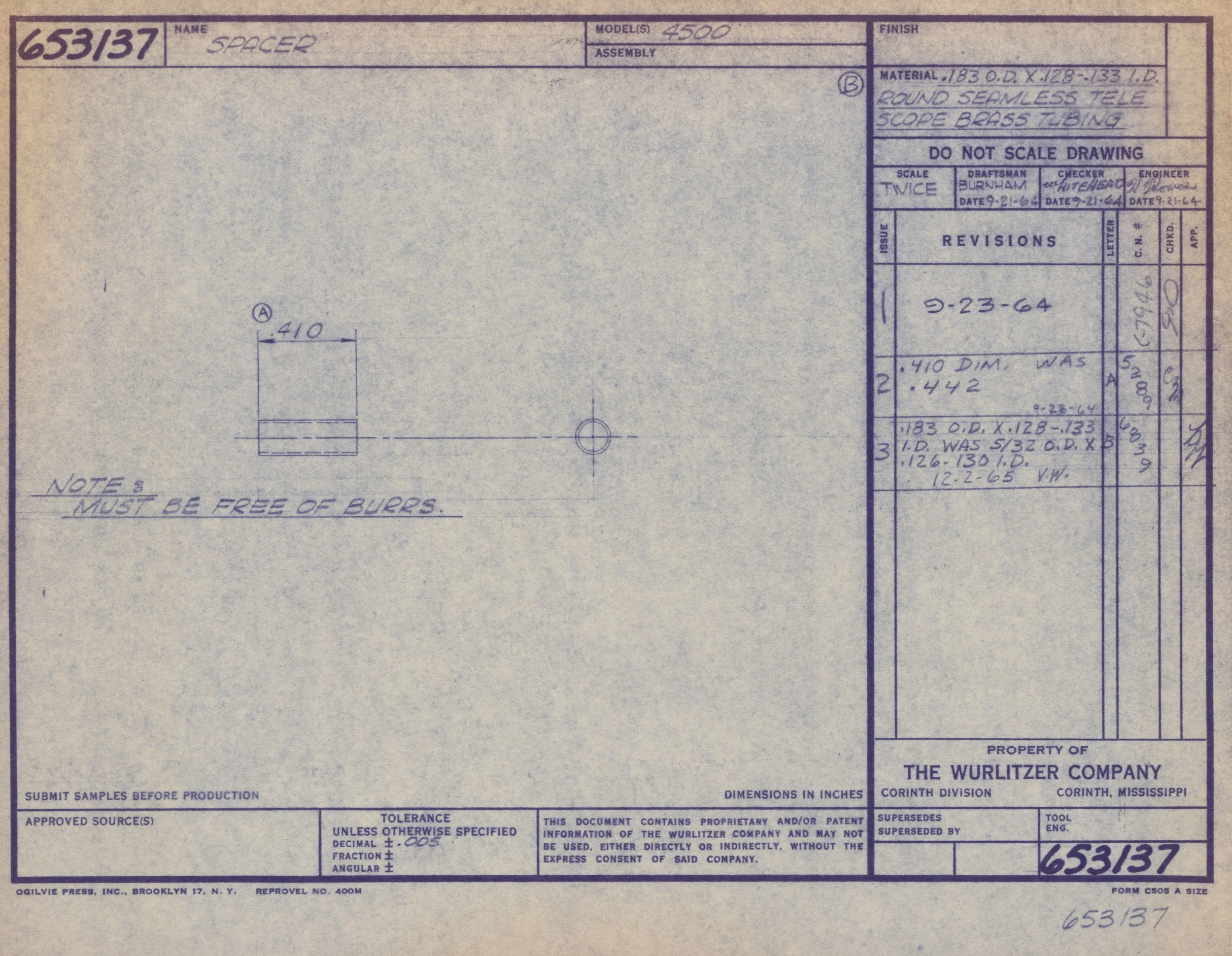 Technical drawing blueprint of a round seamless telescope brass tubing, featuring specifications and annotations.