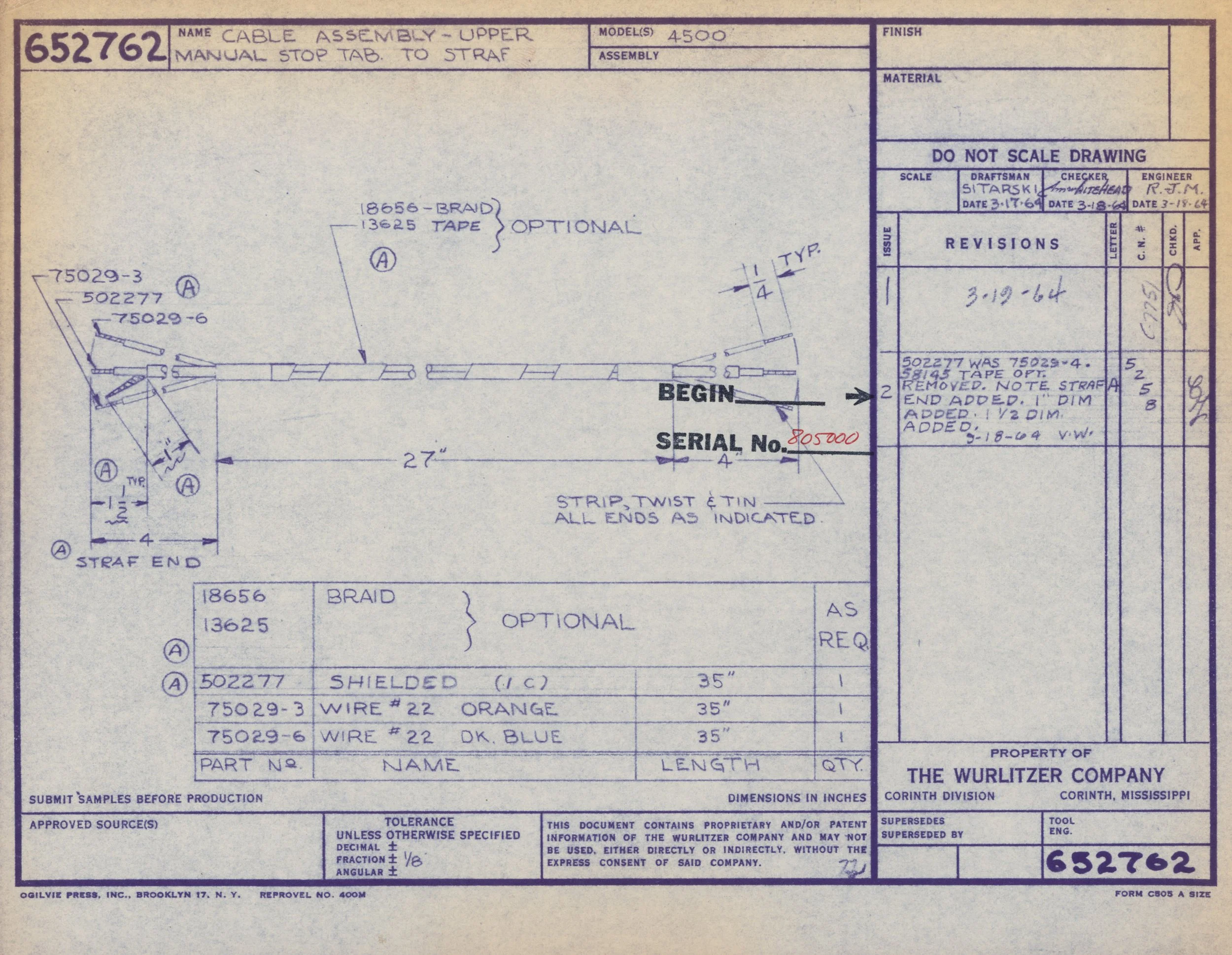 Blueprint of a cable assembly with parts and dimensions, including labels for braid, tape, wire, and strain twist, with handwritten notes and revisions.