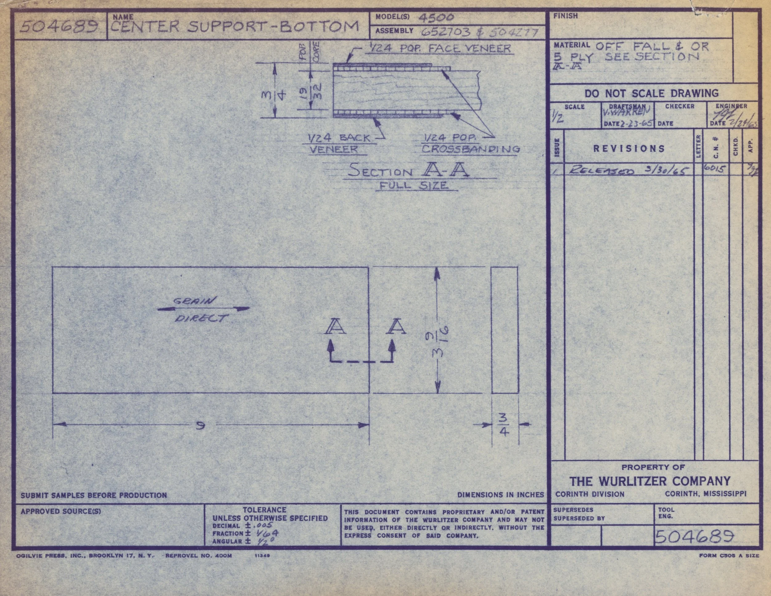 Blueprint drawing of a center support bottom for a machine, showing detailed measurements, section views, and construction notes, created by The Wurlitzer Company in Corinth, Mississippi.