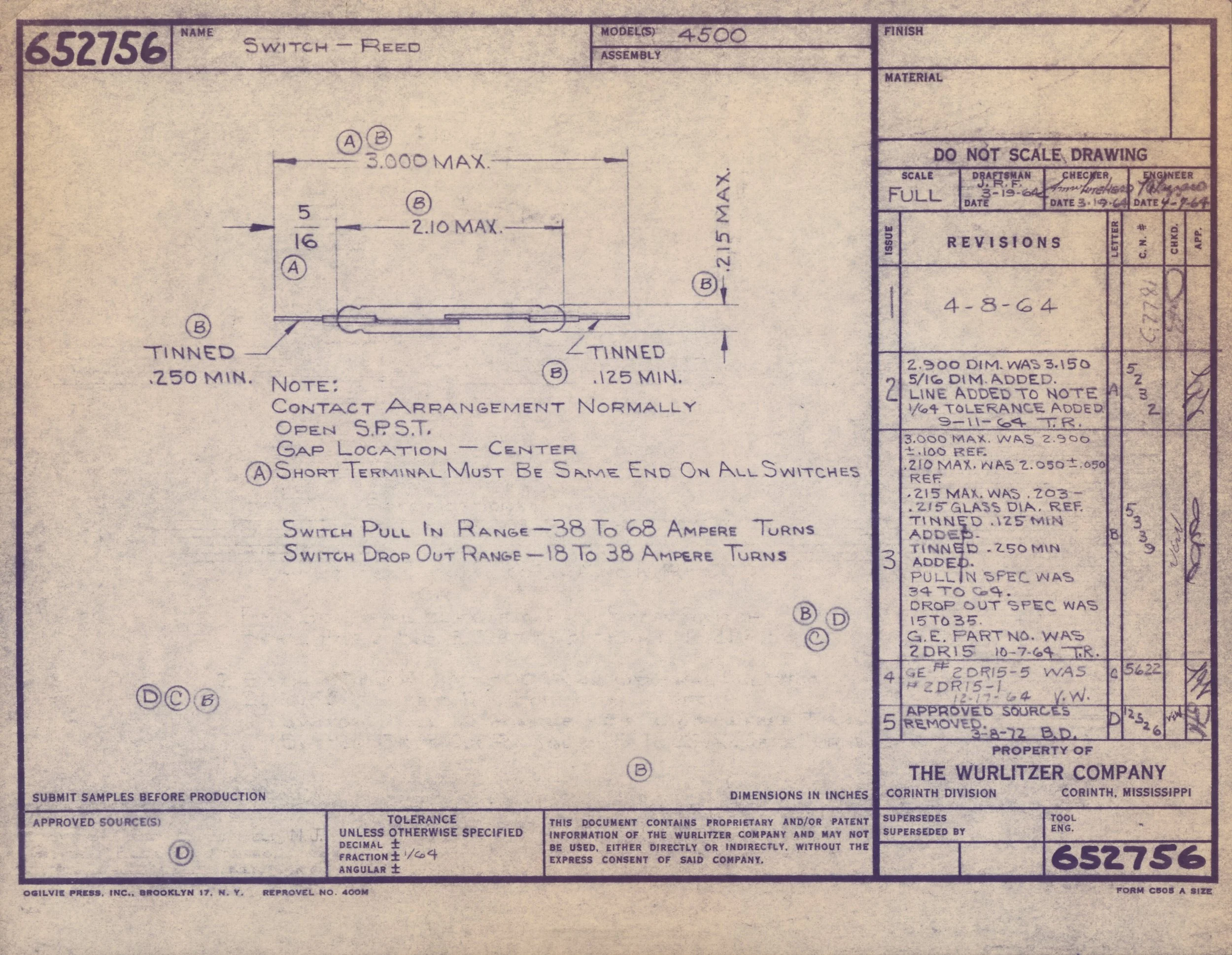 Technical engineering blueprint for a switch with detailed measurements, notes, and approval signatures in blue ink on a beige background.