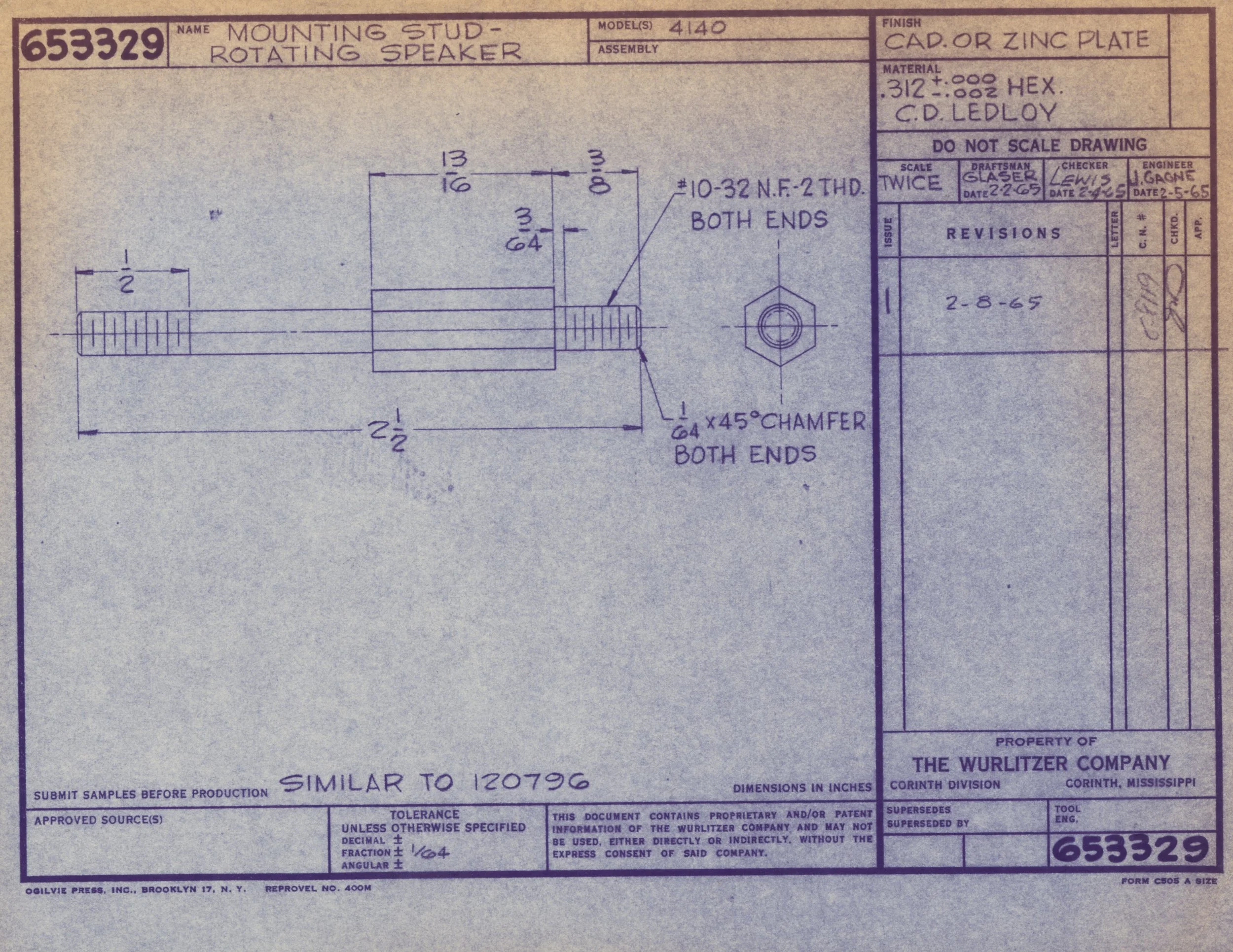 Technical blueprint of a rotating speaker mounting stud, showing dimensions, material specifications, and construction notes, with handwritten annotations and approval stamps.