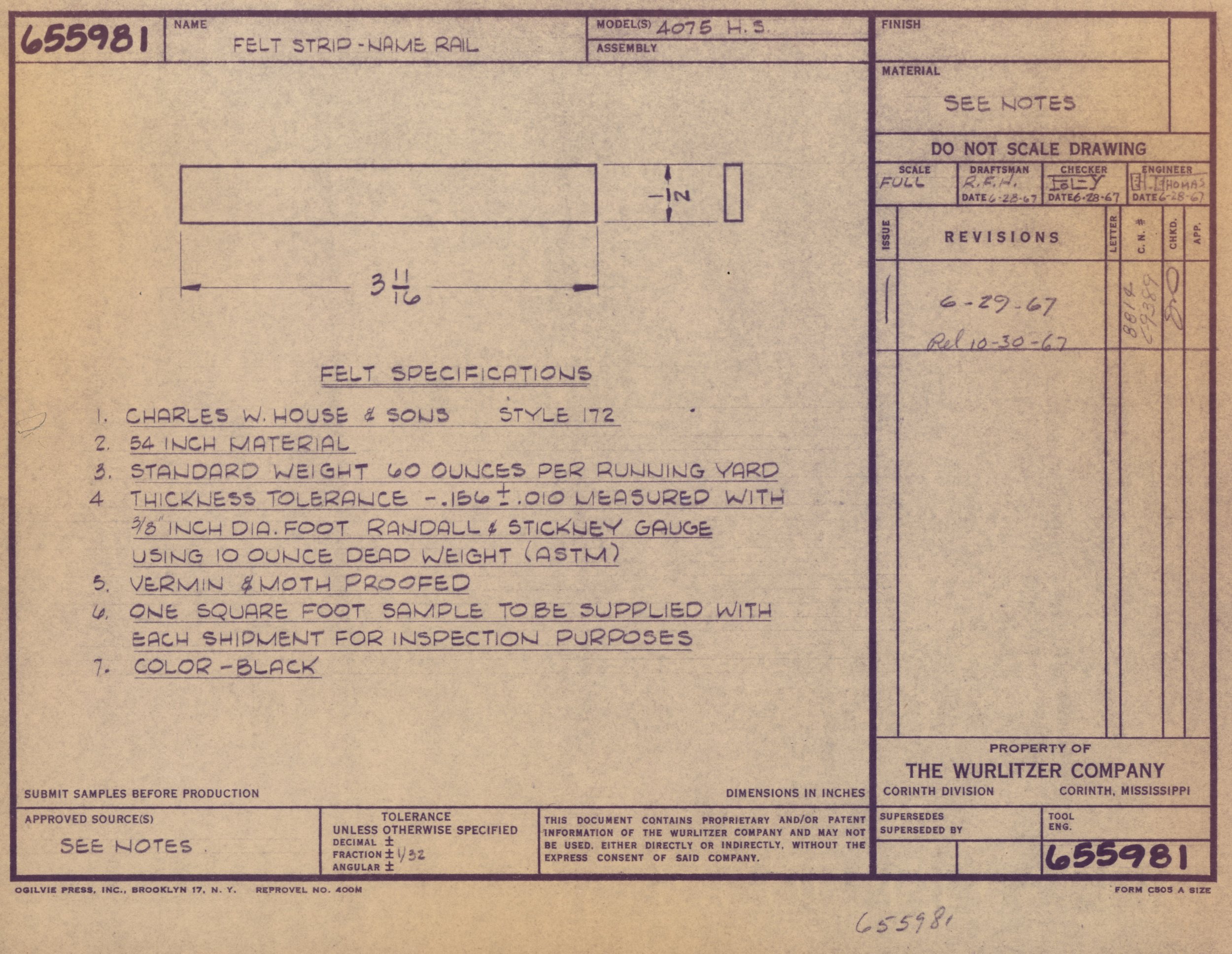 Technical drawing card with handwritten notes, measurements, and specifications for a felt strip-name rail.