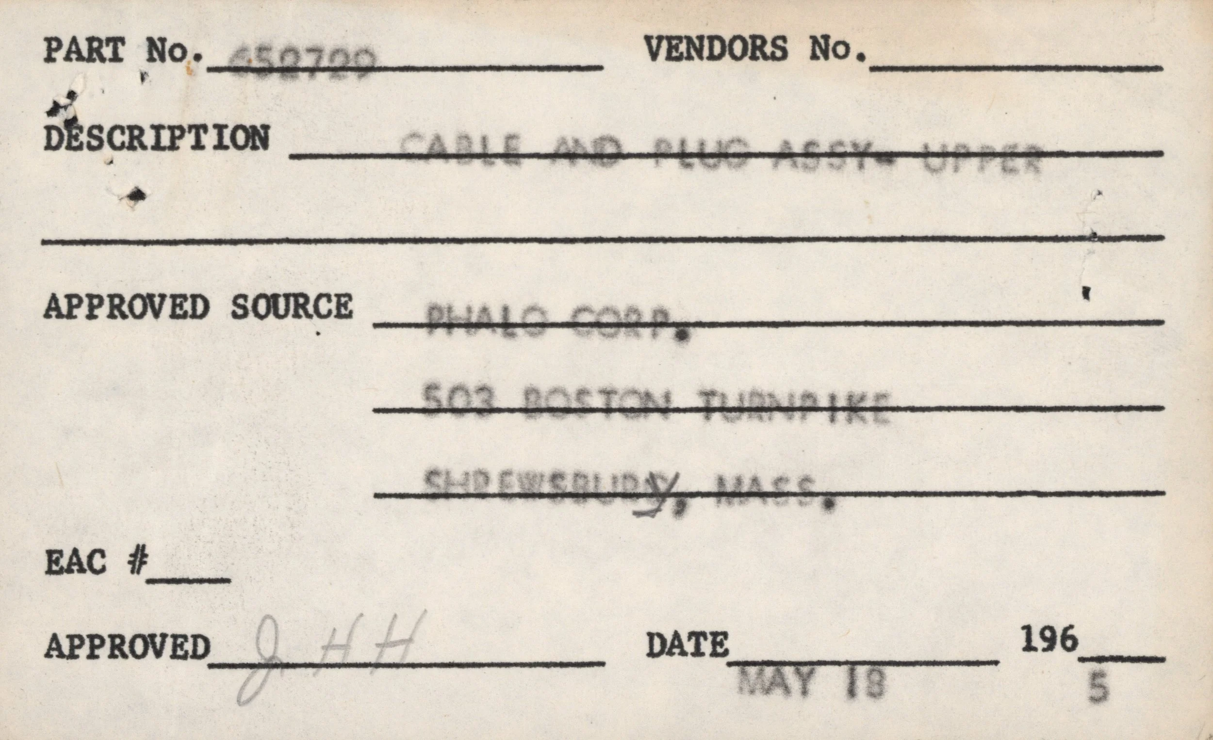 A close-up of a vintage document with handwritten and printed text, including parts labeled Part No., Vendors No., Description, Approved Source, EAC#, and Date, with some text crossed out and numbers handwritten.