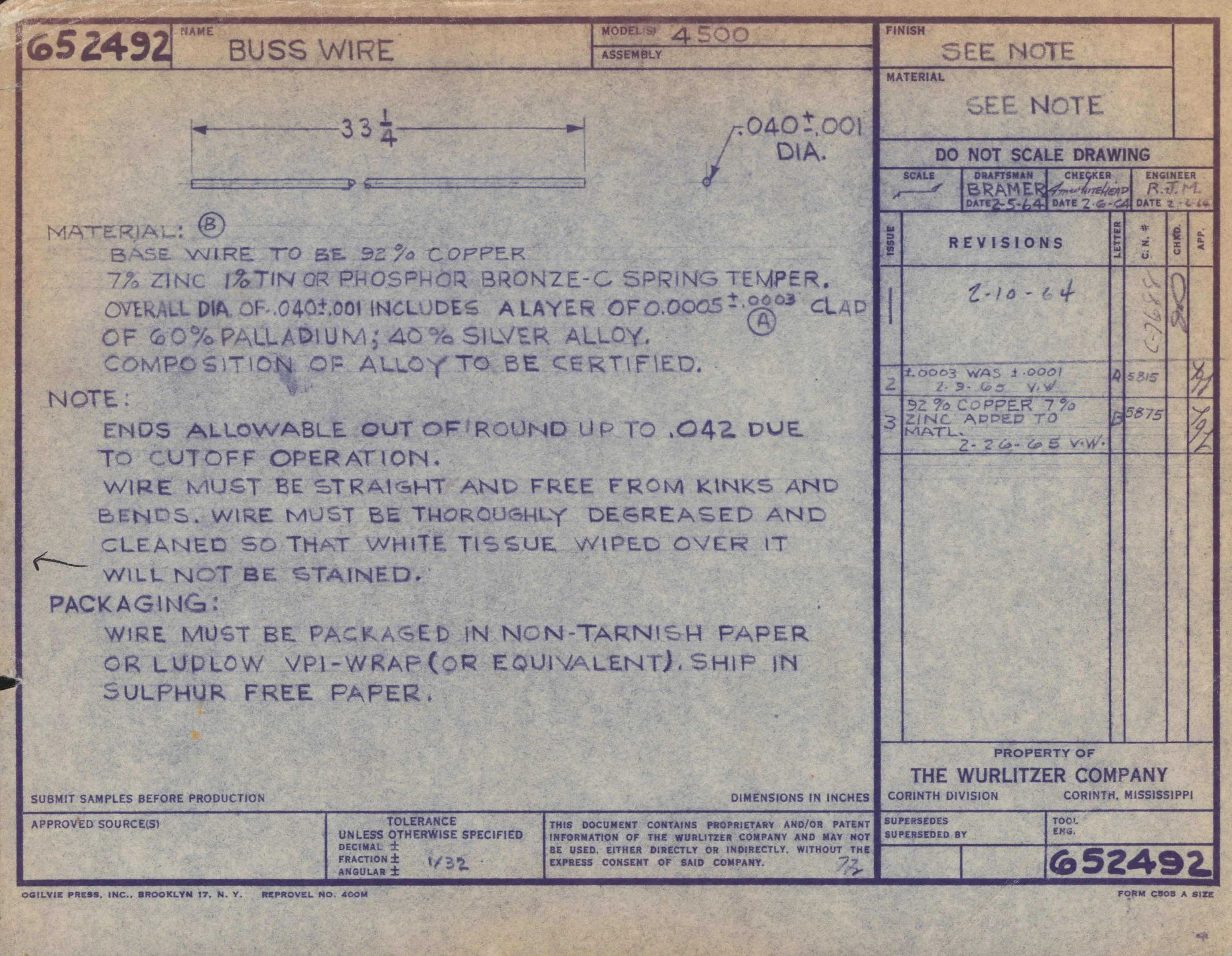 Technical drawing or blueprint of wire, including specifications and measurements, created by the Wurlitzer Company in Corinth, Mississippi.