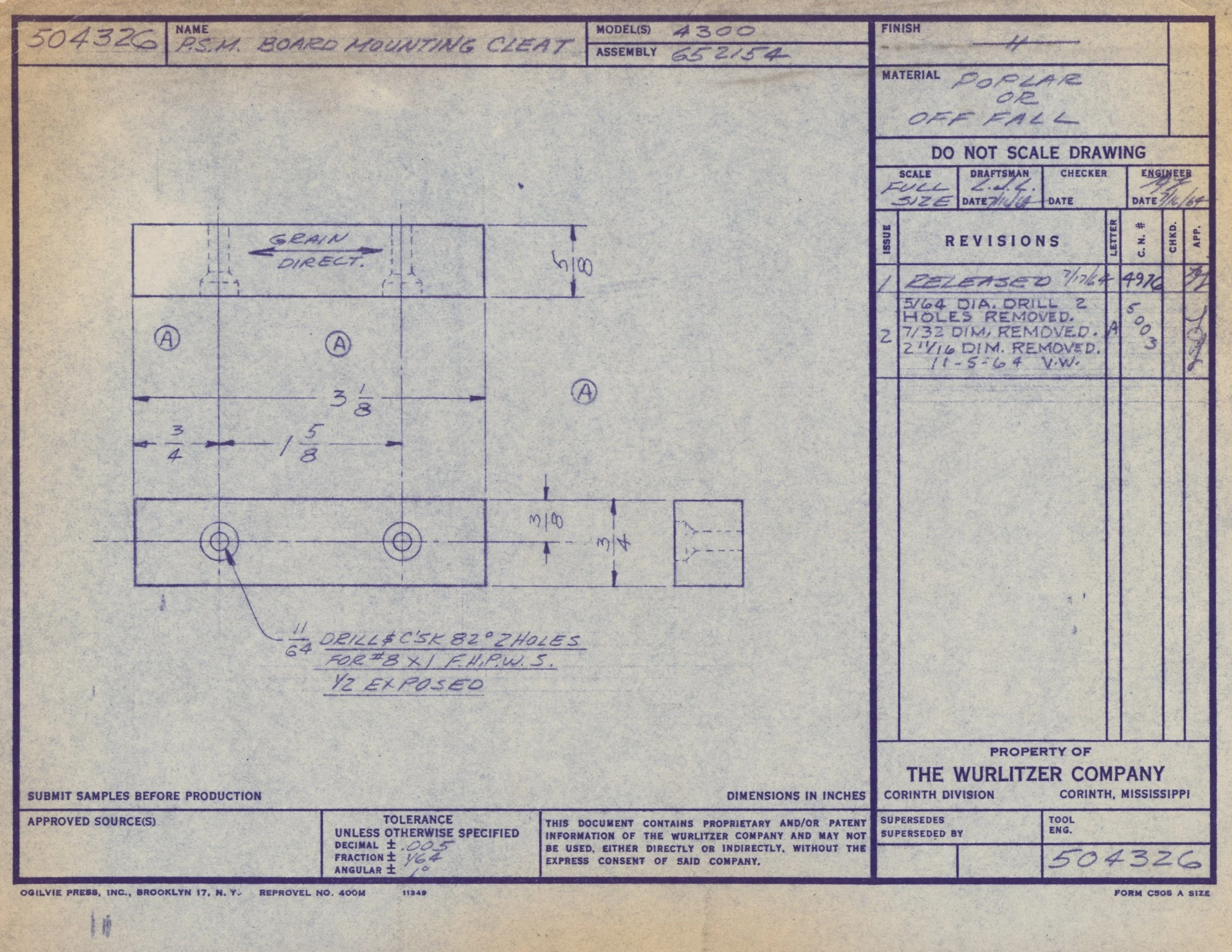 Engineering blueprint or technical drawing for a P.S.M. board mounting cleat with detailed dimensions, specifications, and revision notes.