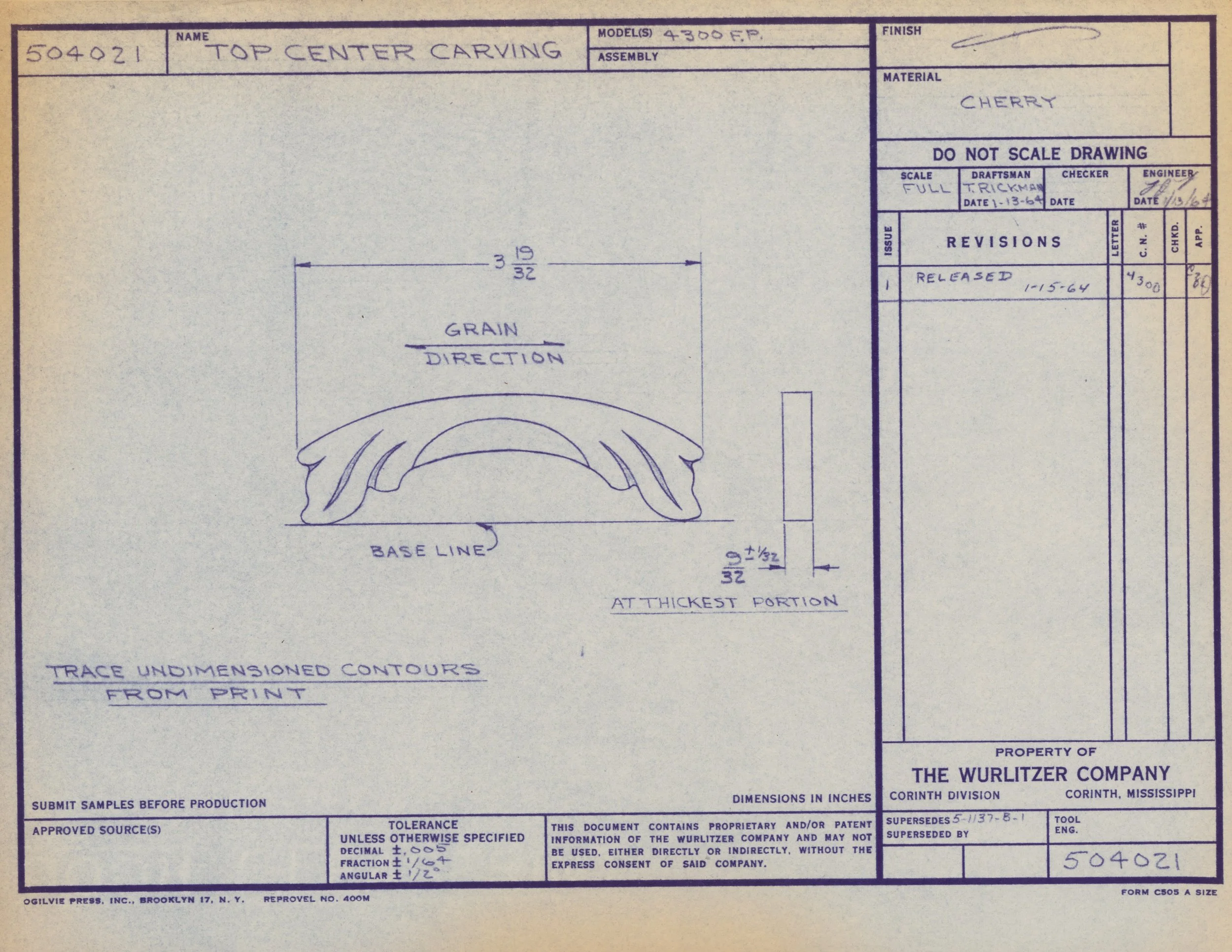 Blueprint or technical drawing for a top center carving, featuring outline sketch, measurements, and annotations related to the design and dimensions of the carving, with labels such as grain direction and base line.