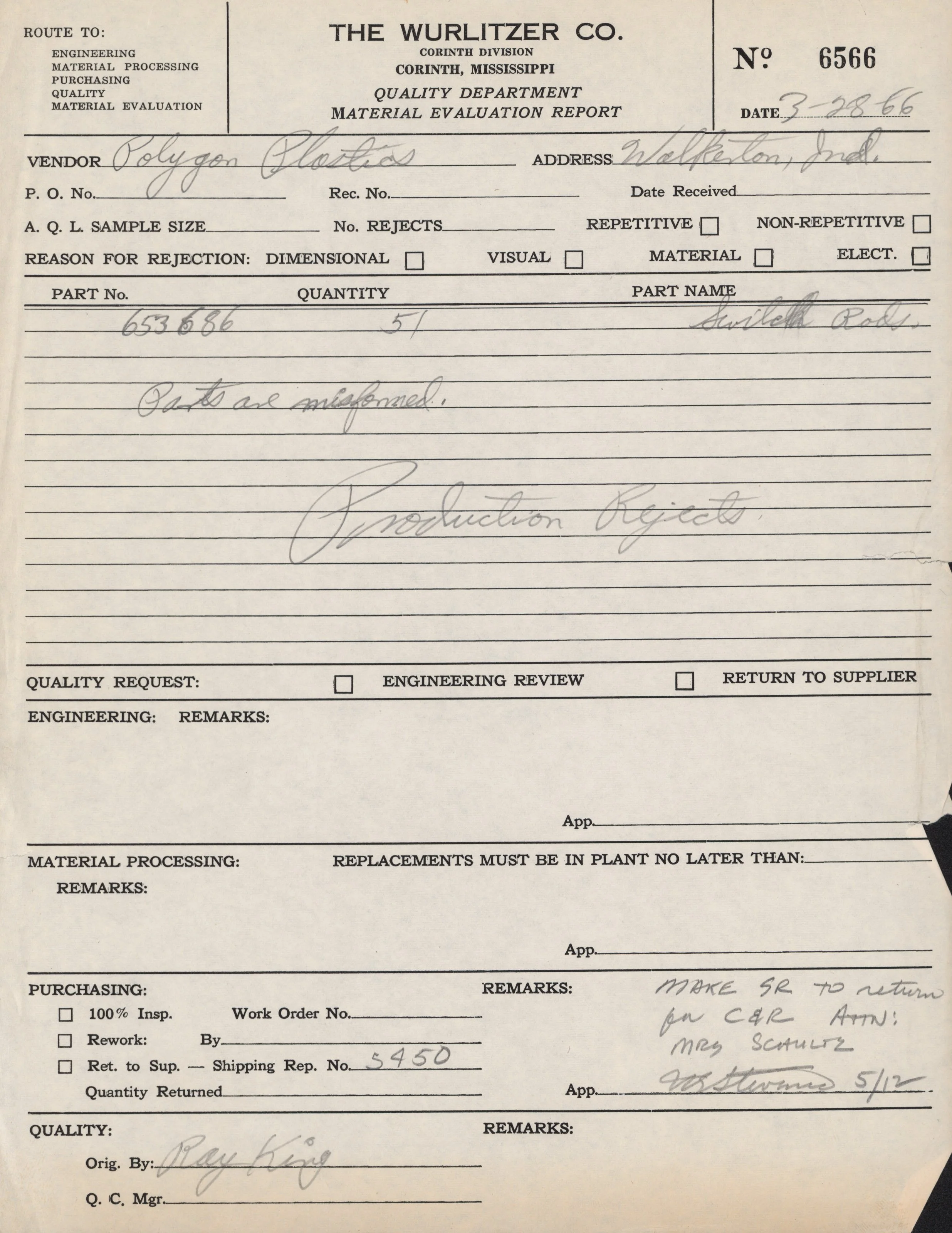 An old document titled 'Material Evaluation Report' from The Wurlitzer Co., Corinth Division, dated March 28, 1966. It includes handwritten entries about a vendor named Polygon Plastics, with details on part numbers, quantities, and remarks for quali