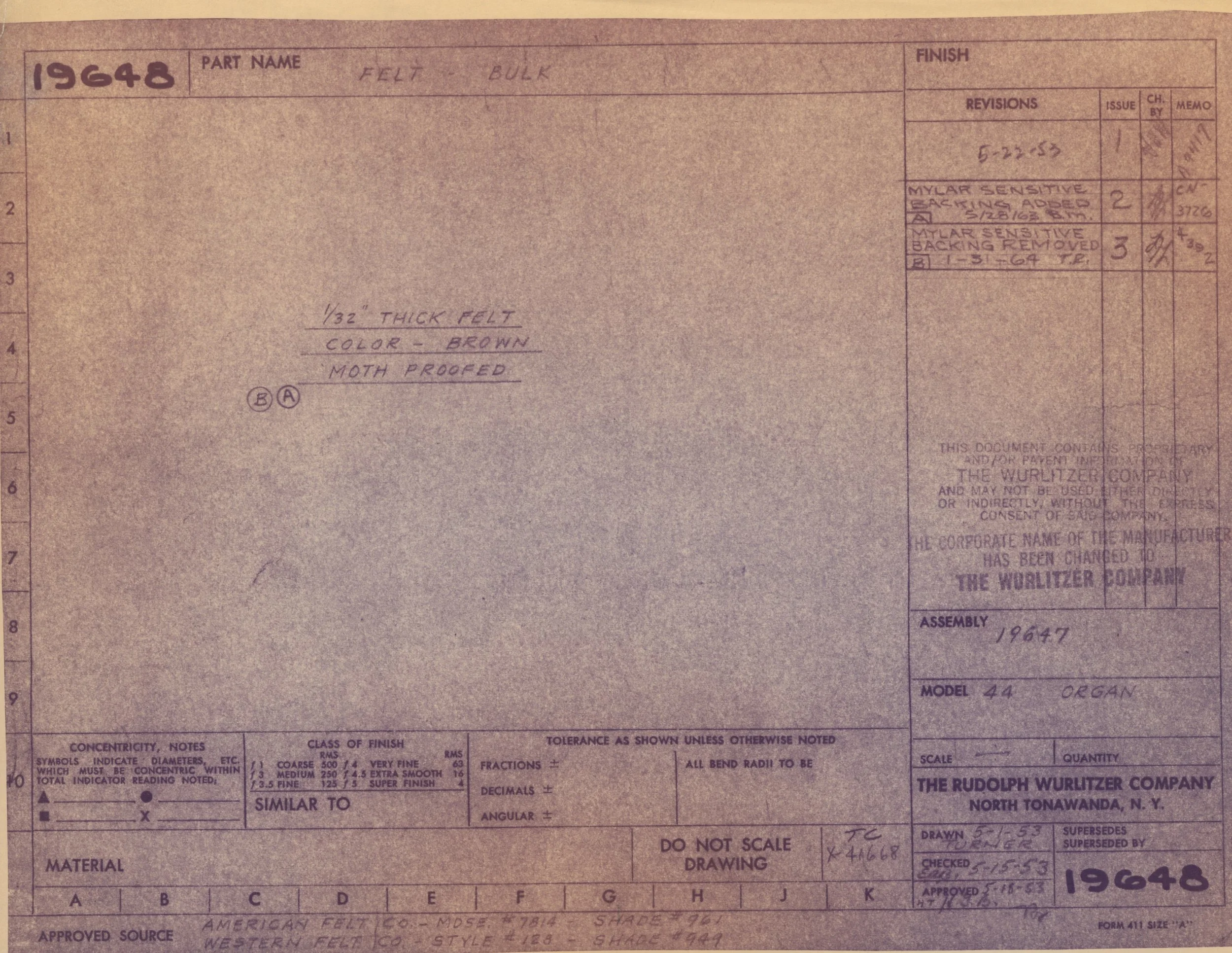 A vintage engineering blueprint drawing from 1964 detailing specifications for felt material, including thickness, color, and other technical notes.