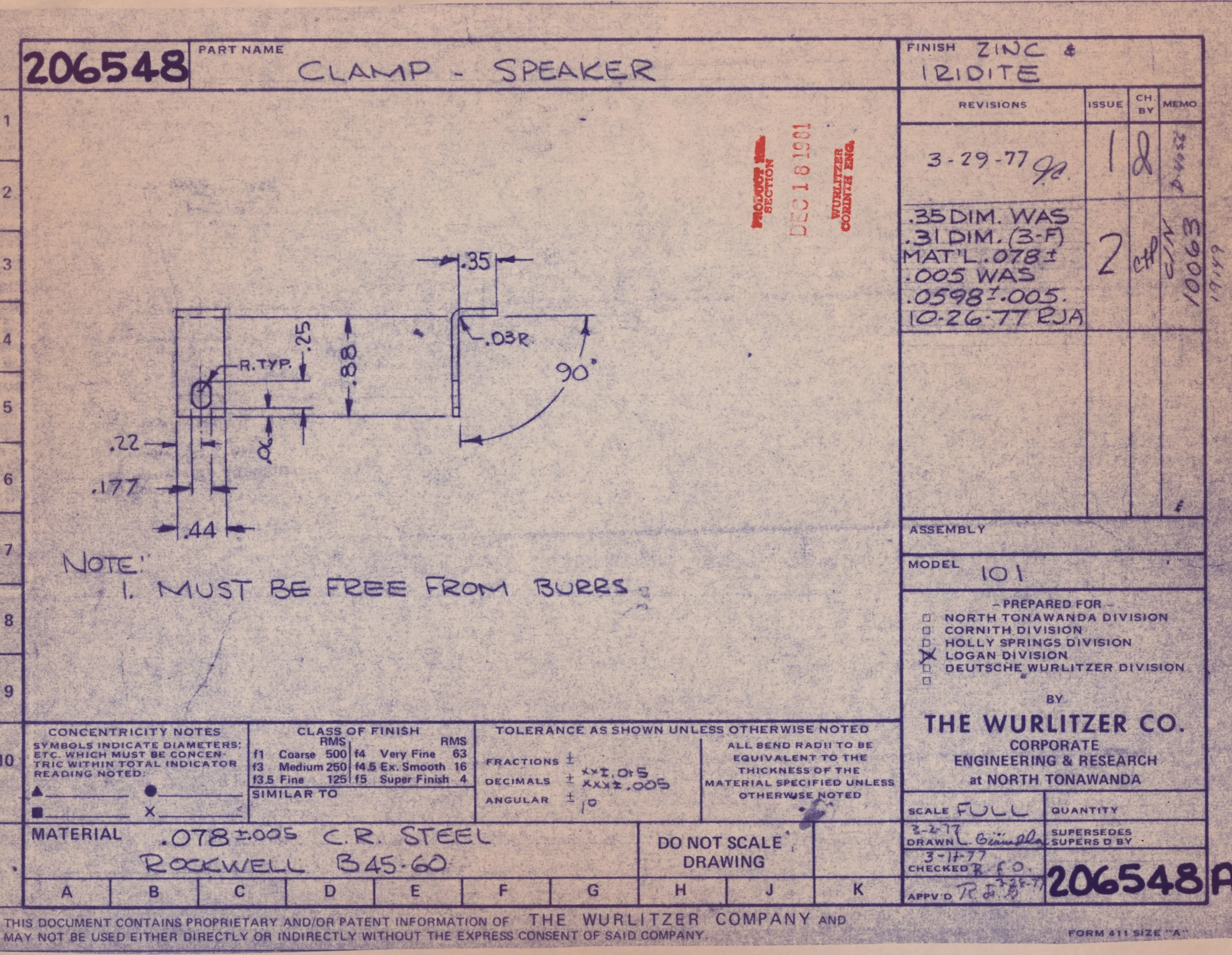 Technical engineering drawing of a clamp speaker with annotated measurements and specifications, produced by The Wurlitzer Co.
