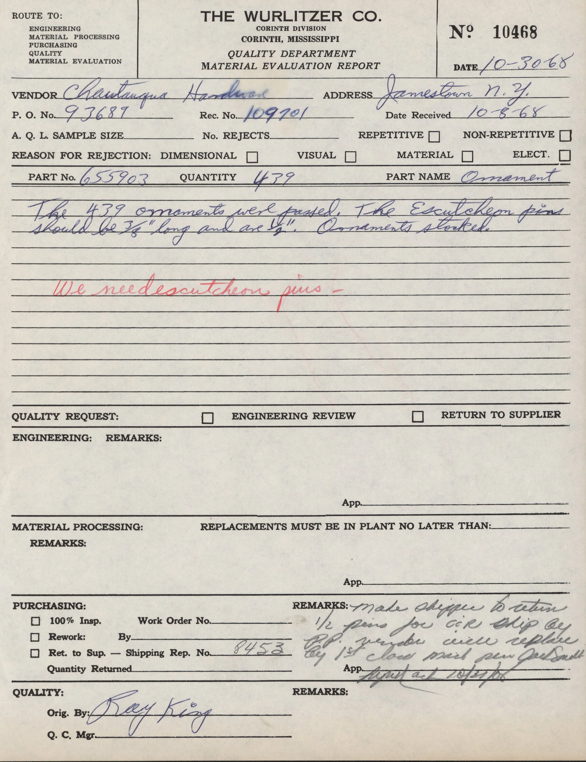 A handwritten quality control report form from the Wurlitzer Company, dated October 30, 1968, for a shipment of ornaments, with notes about the ornaments and comments for reworking.
