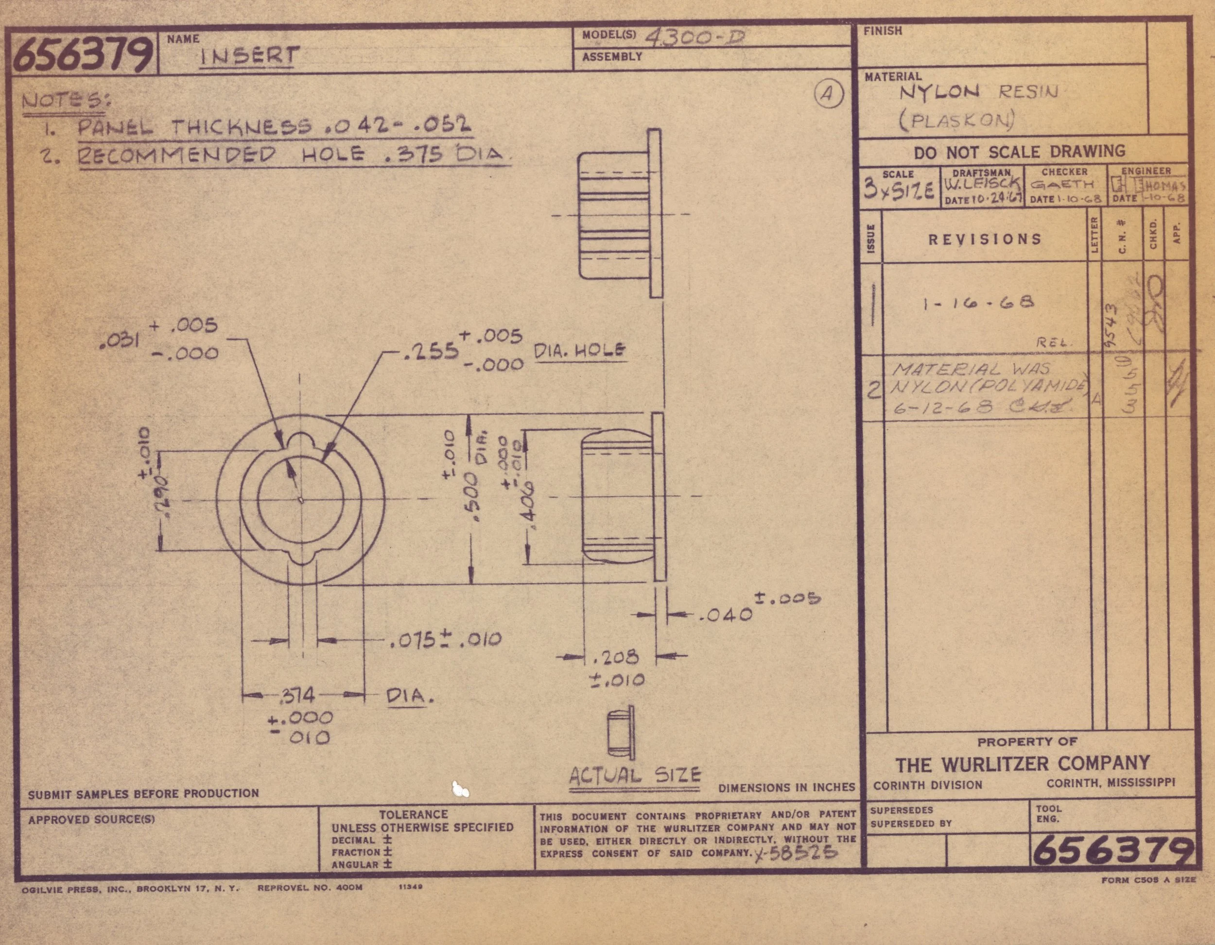 Technical drawing of a mechanical part with detailed dimensions and specifications, including notes on panel thickness, hole size, and materials, created by The Wurlitzer Company.