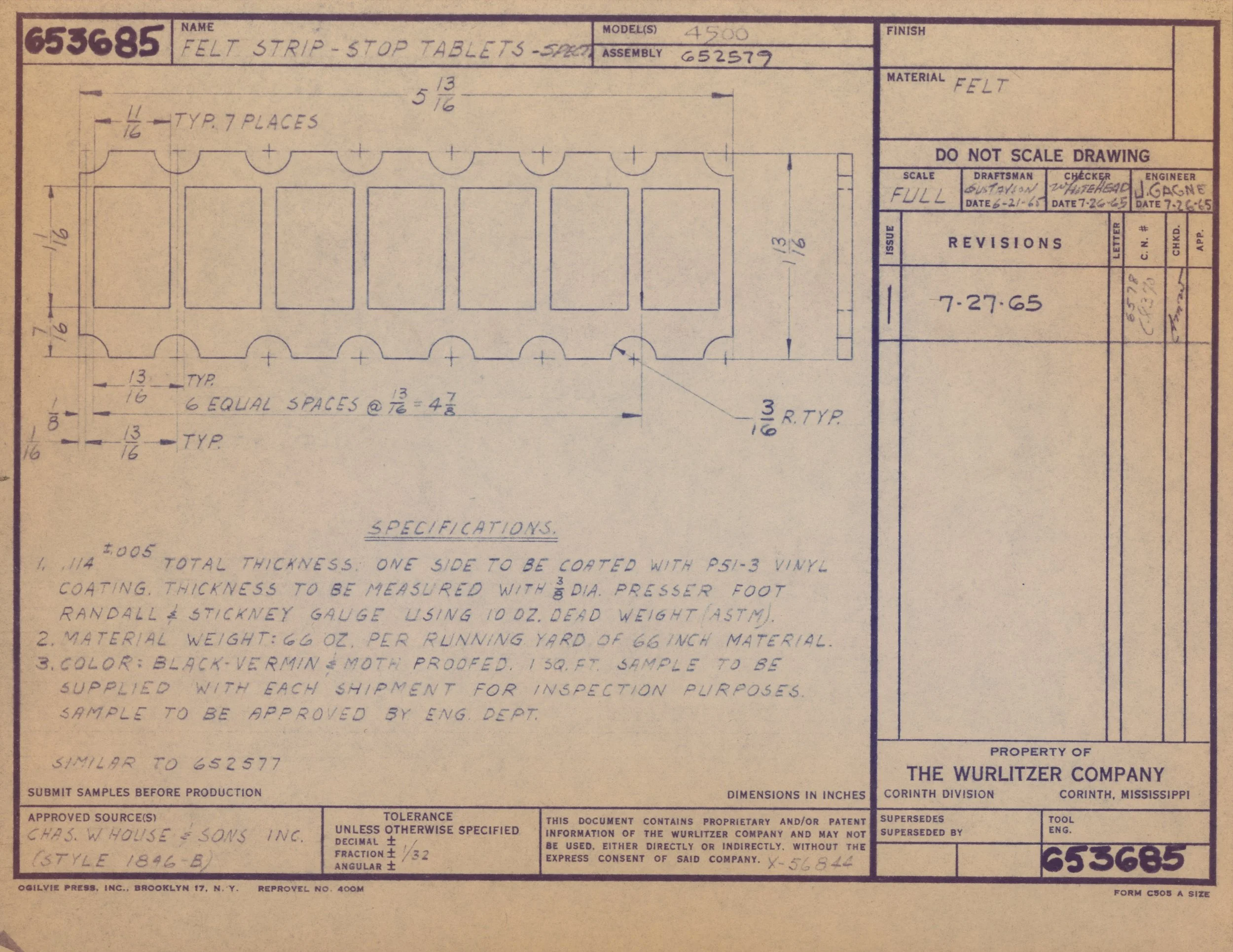 Technical blueprint drawing titled 'Felt Strip-Stop Tablets-5027' with measurements and specifications for manufacturing felt strip stop tablets, including layout, dimensions, and notes for production.