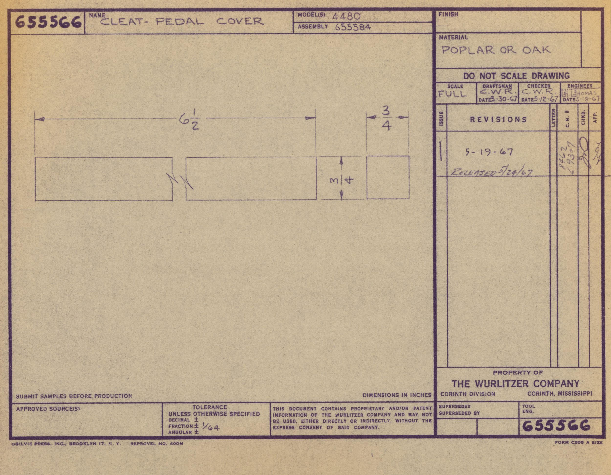 Technical drawing of a clear pedal cover made of poplar or oak wood, with measurements and technical specifications, created by The Wurlitzer Company in Corinth, Mississippi.