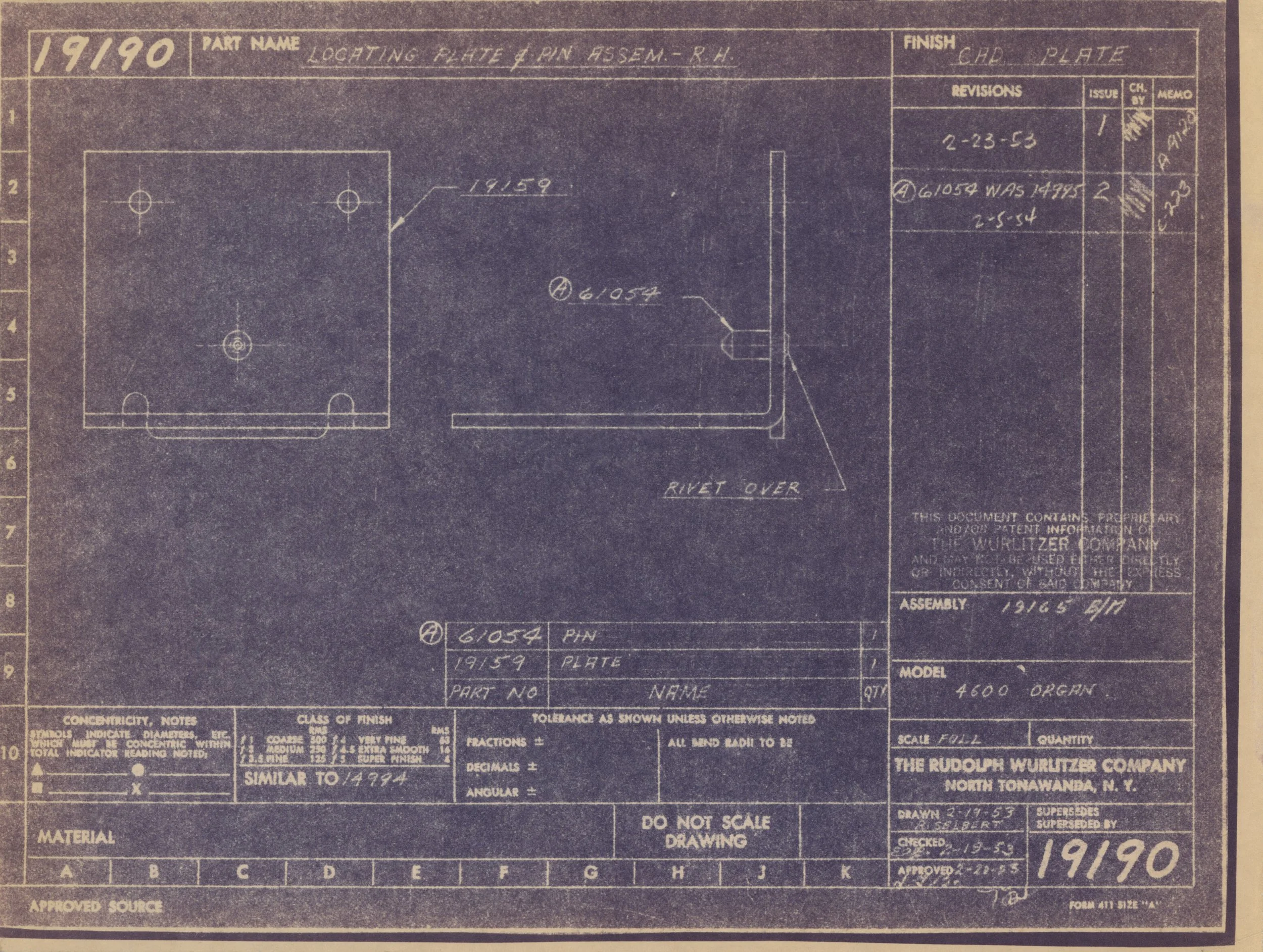 A technical blueprint of an automotive part, labeled as '191/90 Part Name Location Plate & Pin Assem-R.H.' with detailed measurements, notes, and revisions, produced by The Rudolph Wurlitzer Company in North Tonawanda, NY.