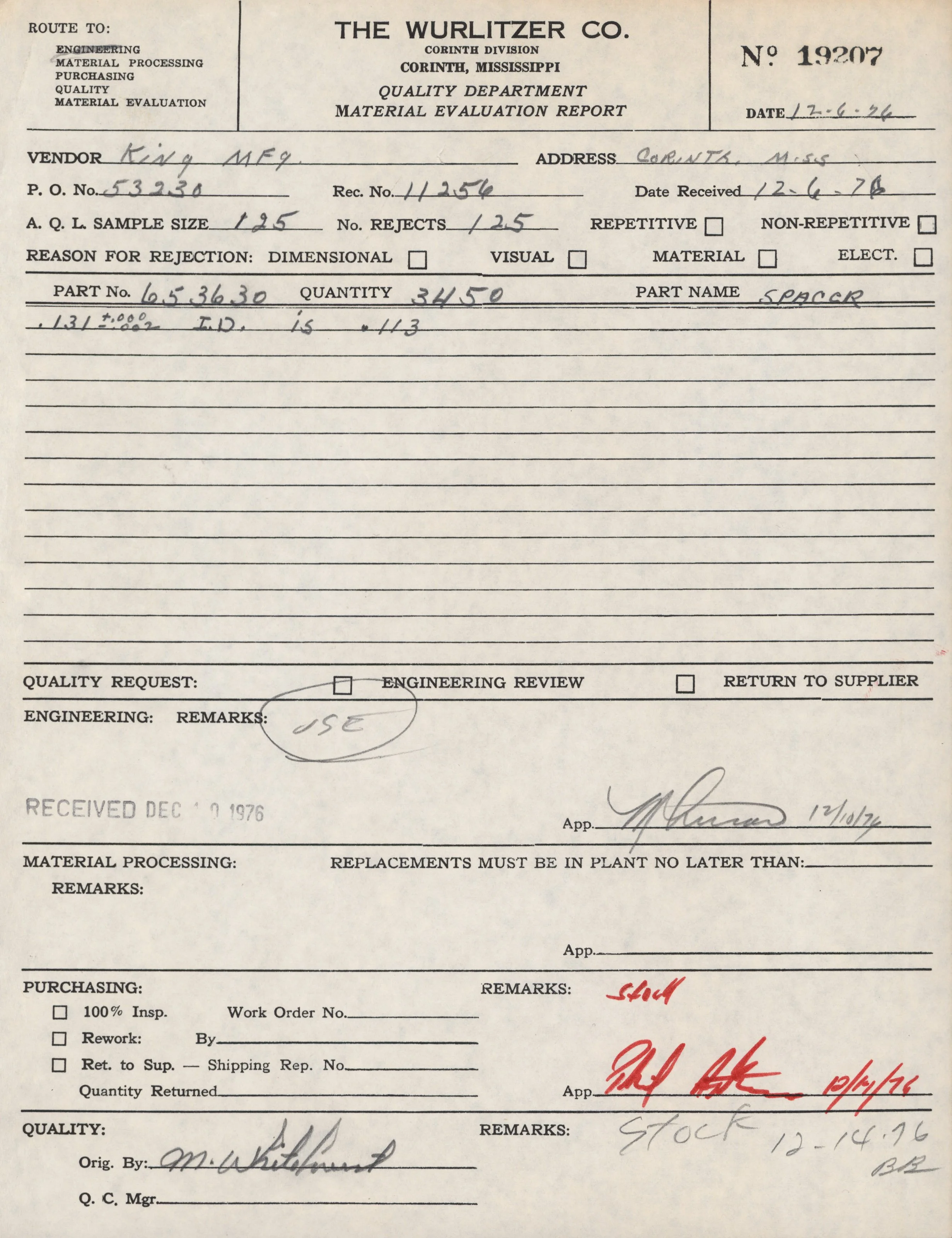 A vintage material evaluation report form from The Wurlitzer Co., Corinth Division, dated June 12, 1976. It contains handwritten details about a supplier named King Mfg., with reference numbers, quantities, part name 'Spacer,' and remarks about stock