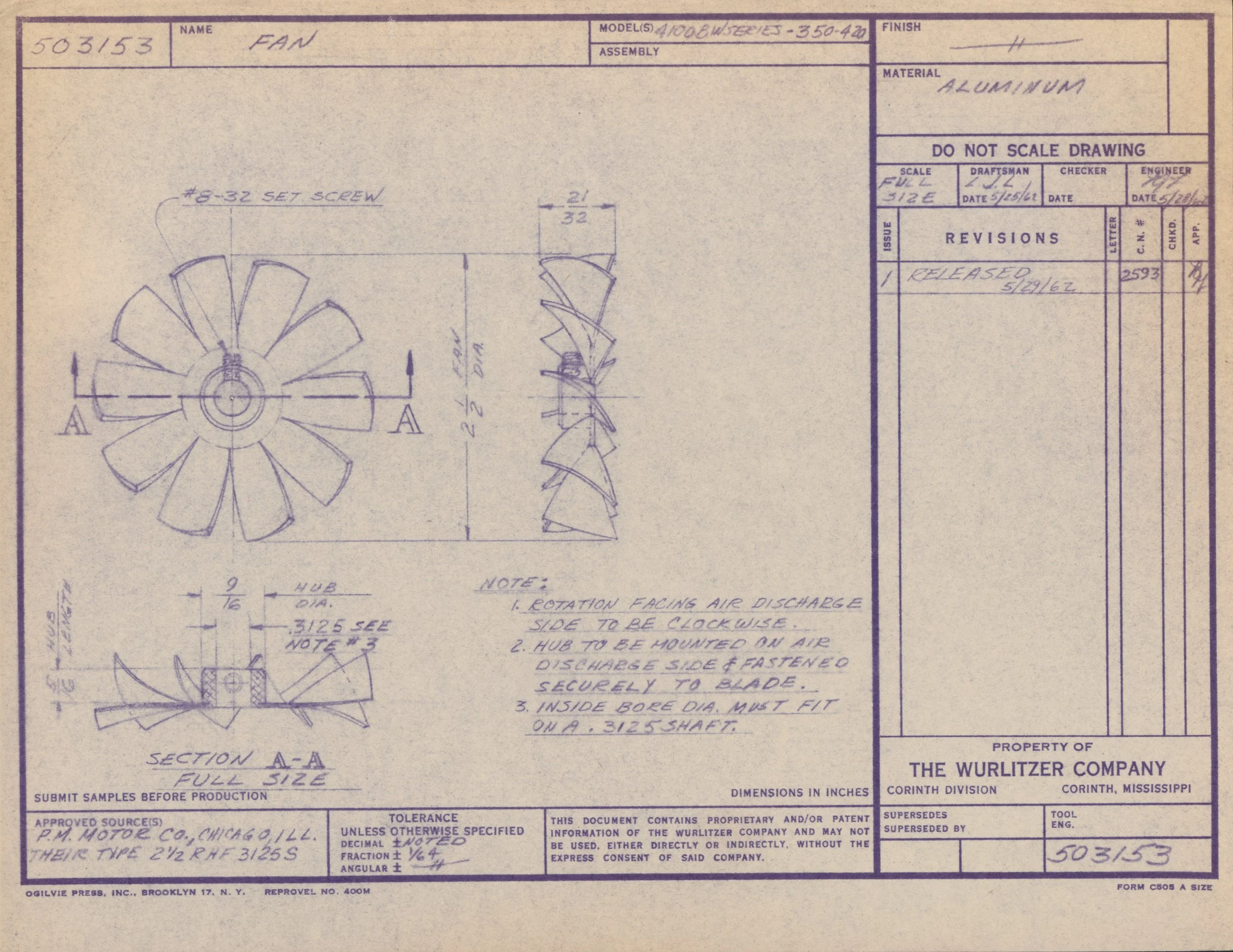 Blueprint drawing of a fan with detailed dimensions, annotations, and notes on assembly and rotation features.