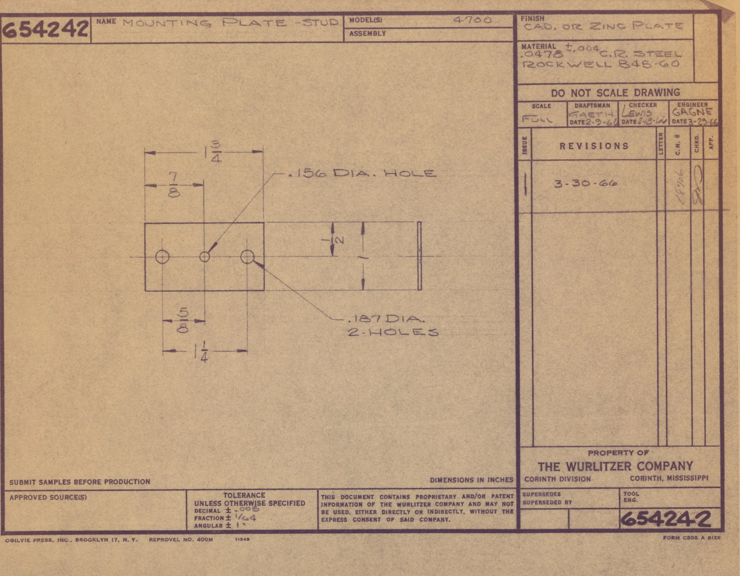 Technical engineering drawing of a mounting plate with detailed measurements and specifications, created by The Wurlitzer Company in Corinth, Mississippi.
