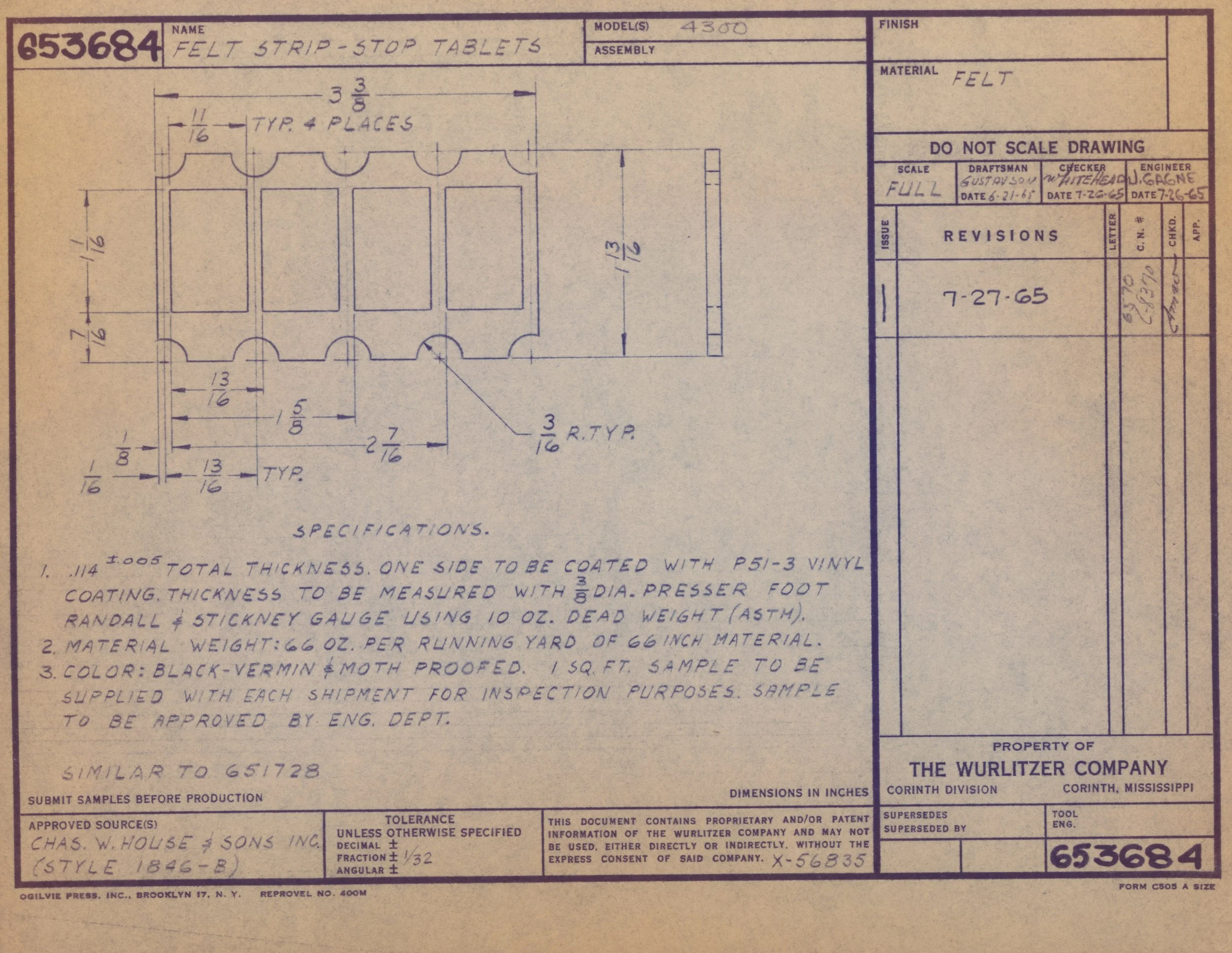Engineering blueprint of felt strip-stop tables with detailed measurements, specifications, and approval information, dated June 21, 1965.