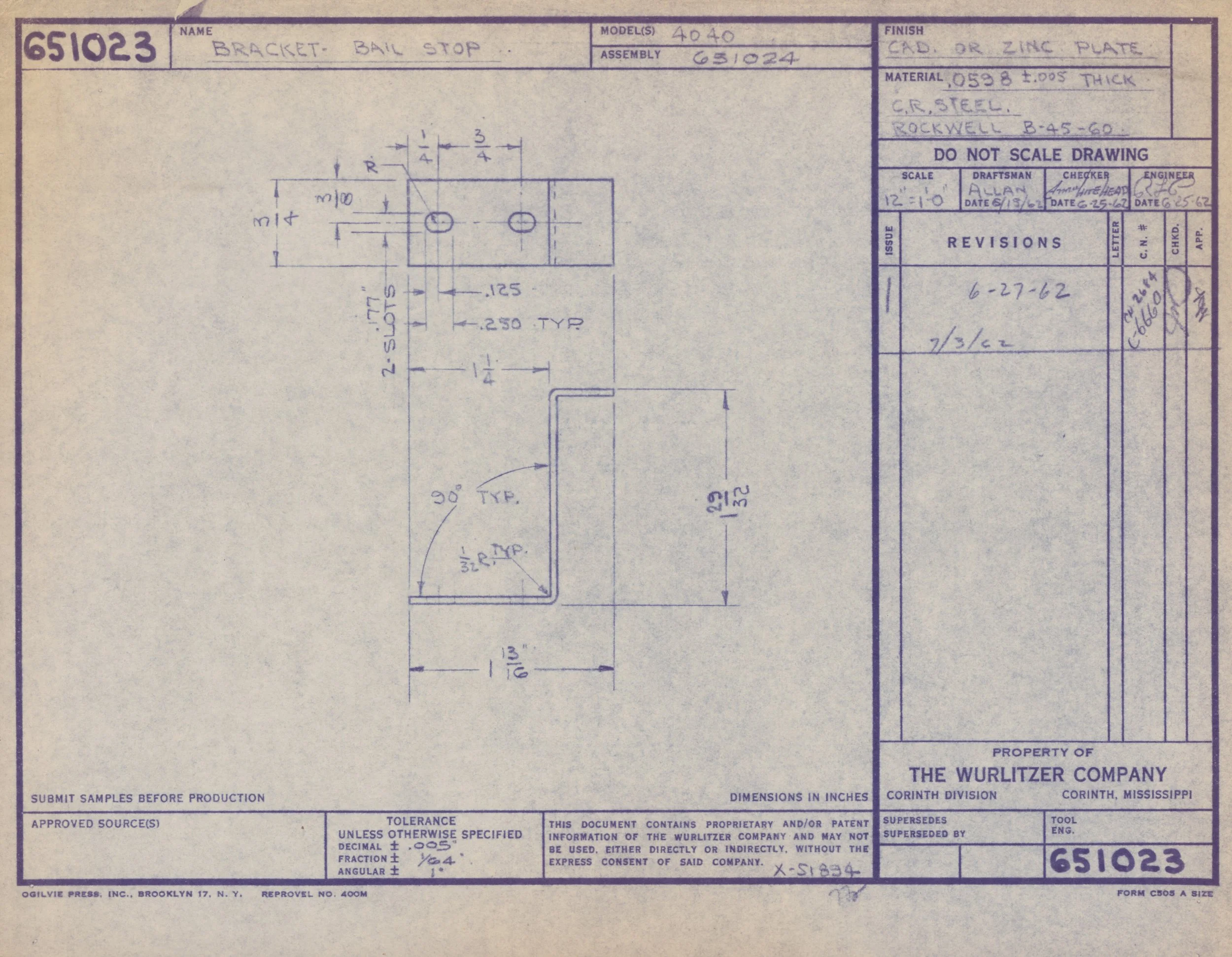 Technical engineering drawing of a bracket with pinpoint measurements and annotations, showing front and side views, dimensions, and specifications.