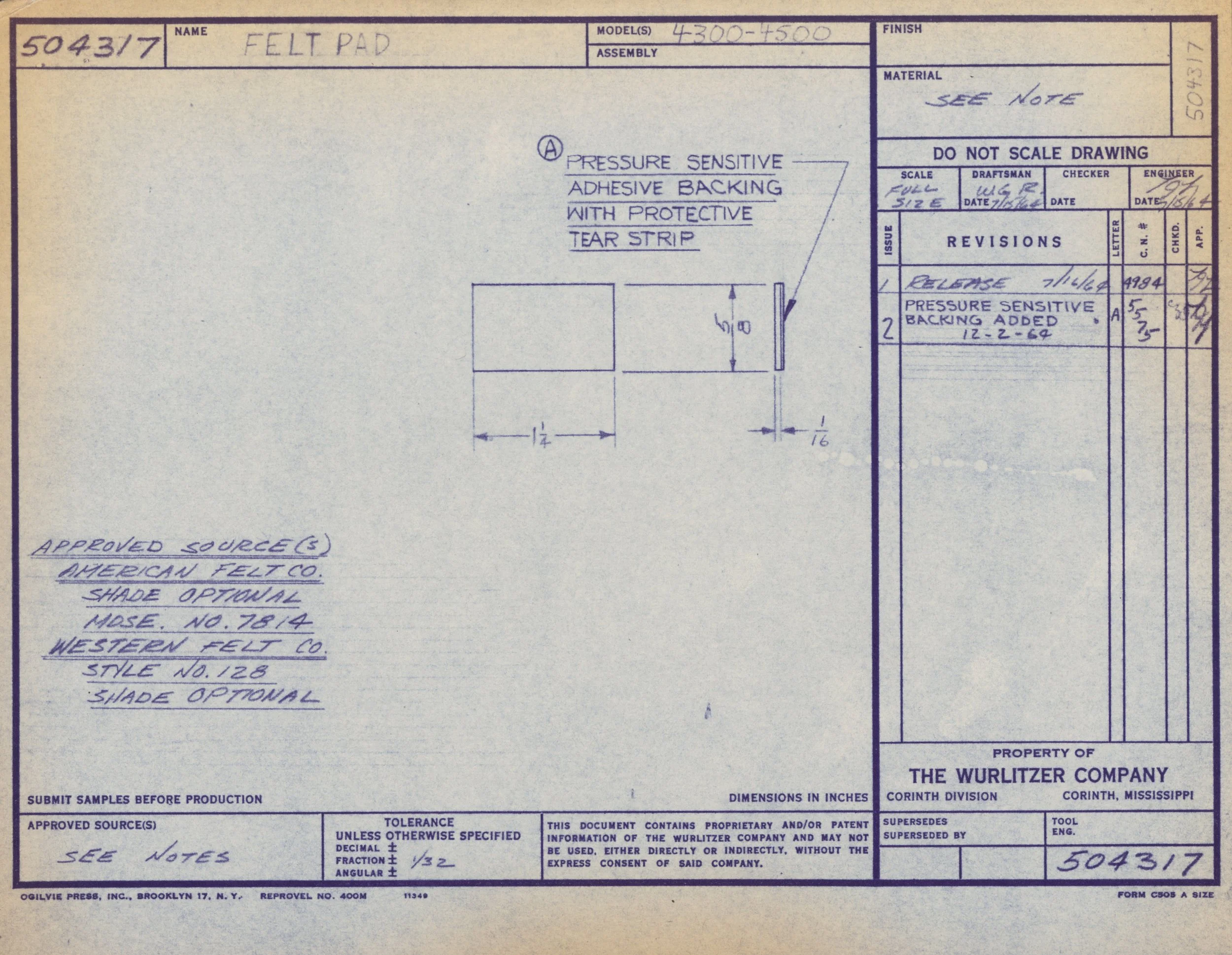 Technical drawing detail of a felt pad with dimensions and notes about pressure-sensitive adhesive backing with protective tear strip, produced by the Wurlitzer Company.