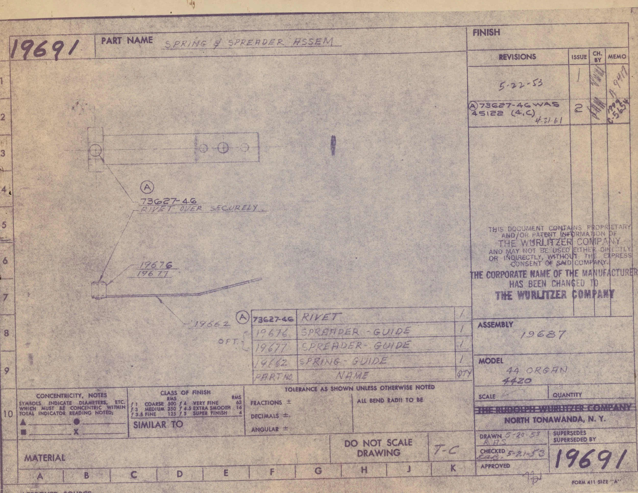 Old technical drawing or blueprint with handwritten notes, diagrams, and part numbers for a spring and spreader assembly from 1969.