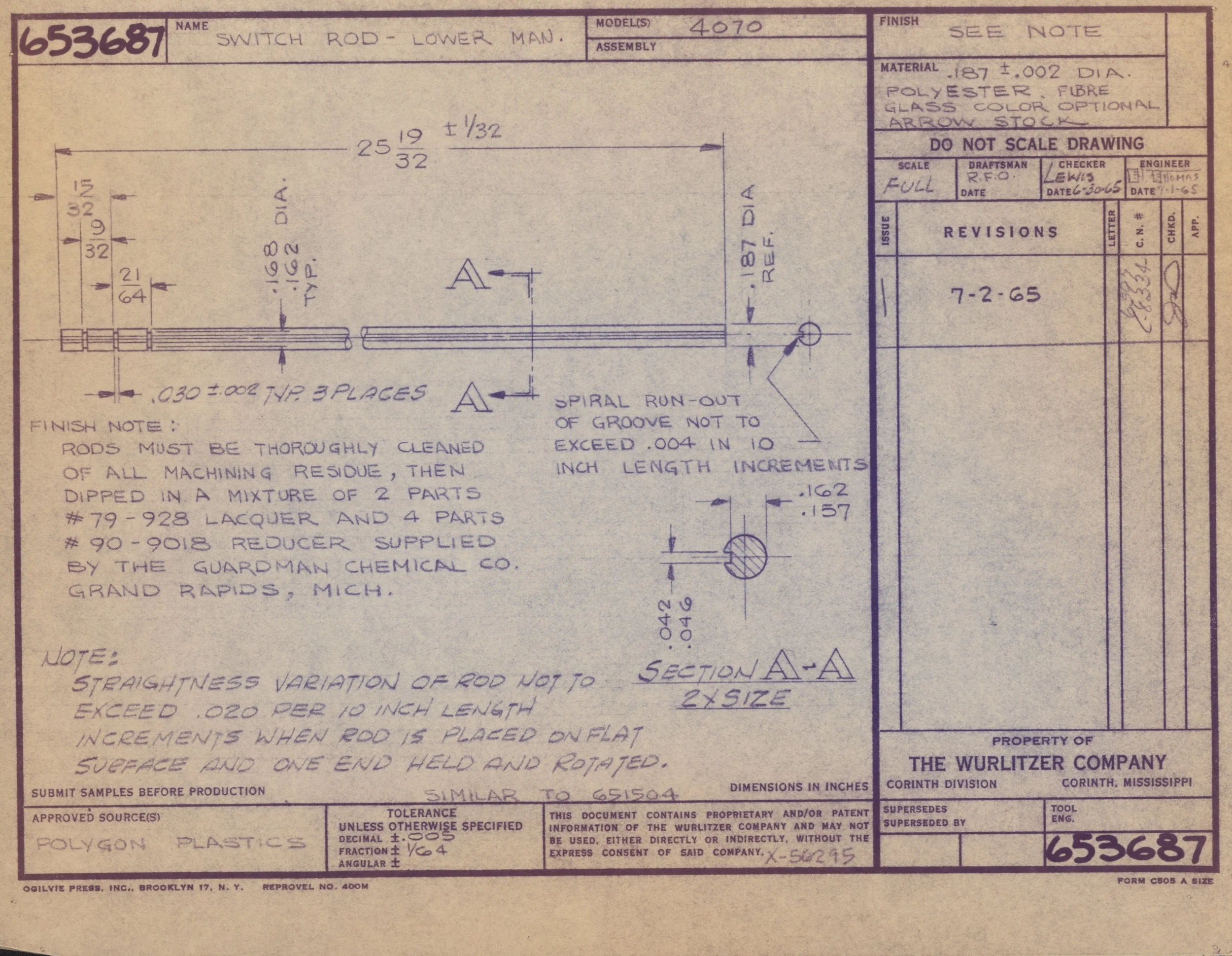 Technical engineering drawing of a switch rod lower assembly, including detailed measurements and notes. Contains labels, measurements in inches, and approval signatures.