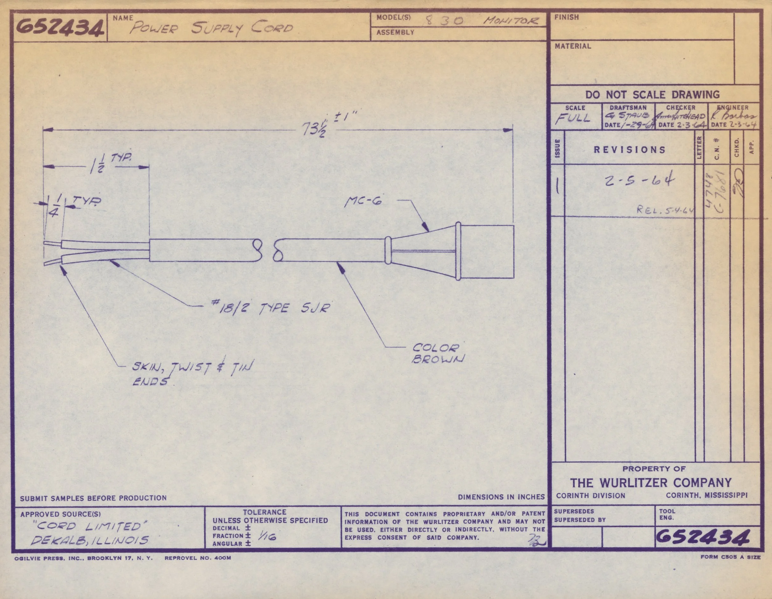 Blueprint of a power supply cord, including dimensions and technical details, with handwritten notes on specifications and approval information.